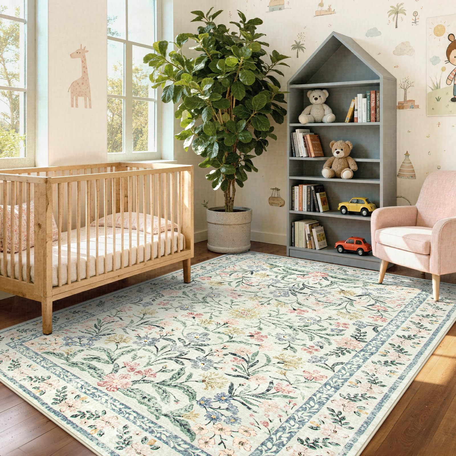 Wonnitar front view showing full 5x7 floral rug and beige tone comfort
