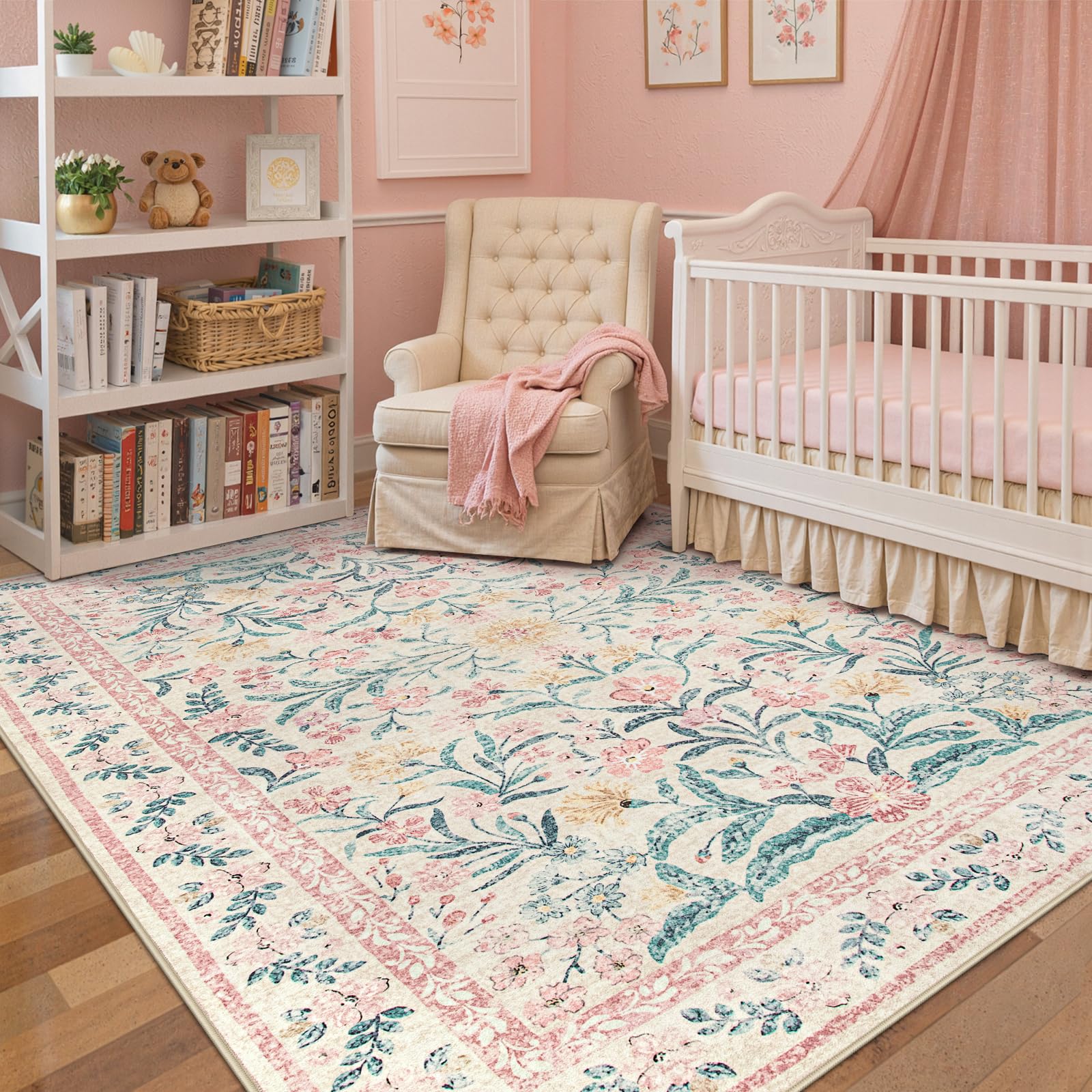 Wonnitar front view pink rug showing floral pattern and soft look for cozy rooms