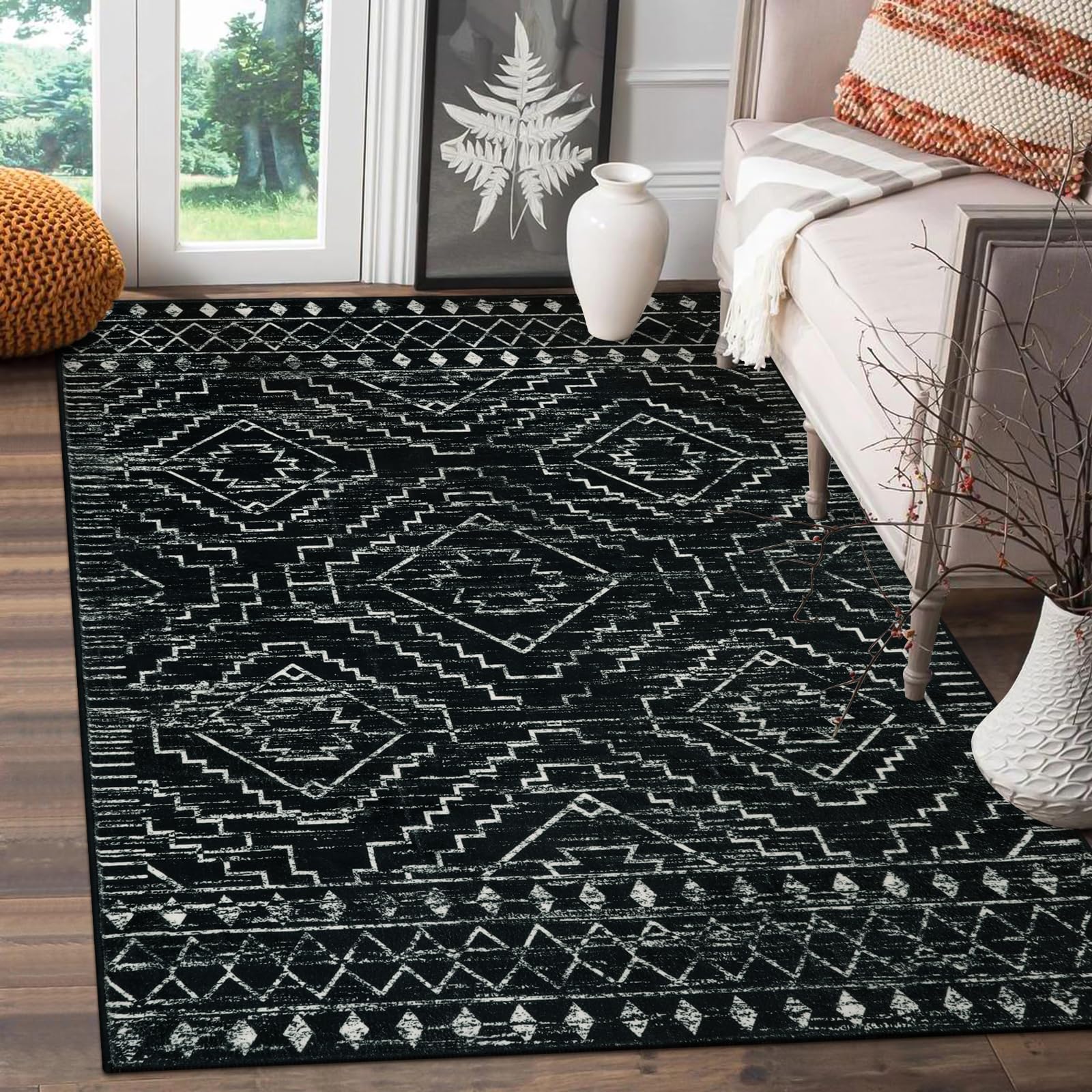 Wonnitar front view of black Moroccan 3x5 rug shows pattern and curb appeal