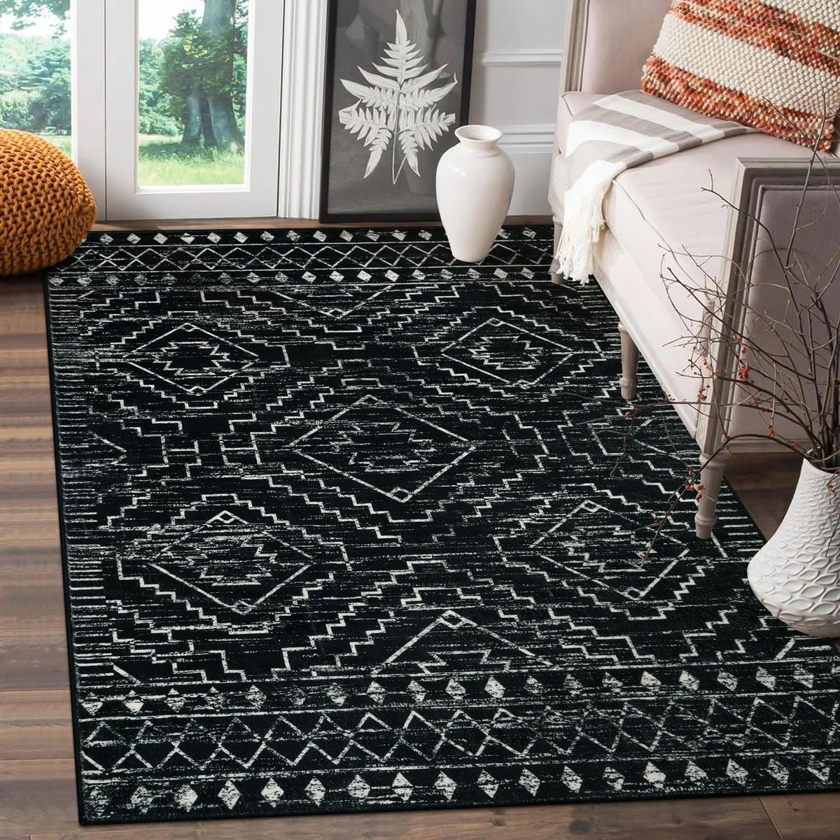 Wonnitar front view of black Moroccan 3x5 rug shows pattern and curb appeal