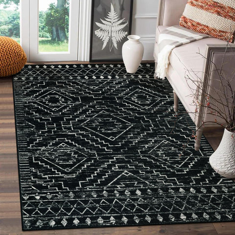 Wonnitar front view of black Moroccan 3x5 rug shows pattern and curb appeal