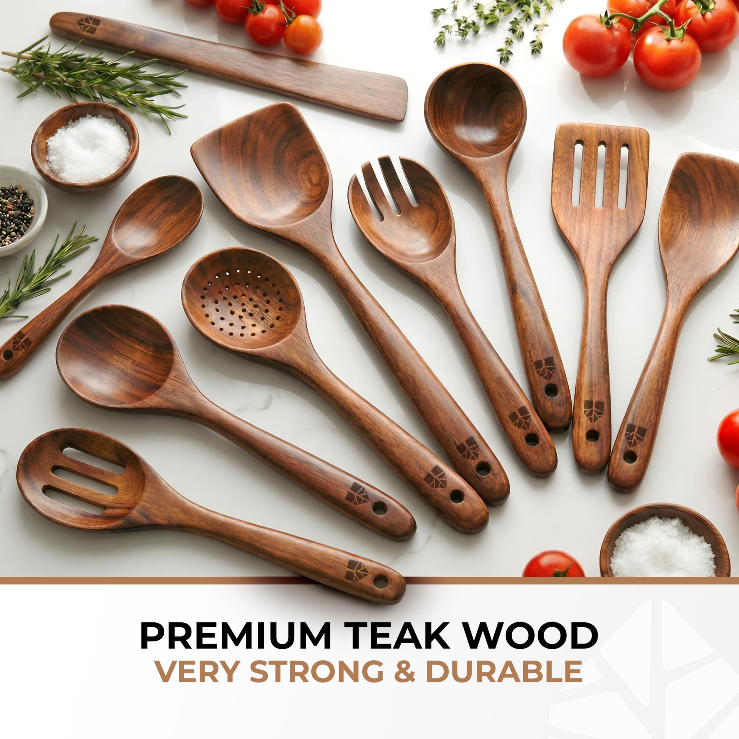 Close-up of teak grain on Woodenhouse utensil demonstrating durable natural finish