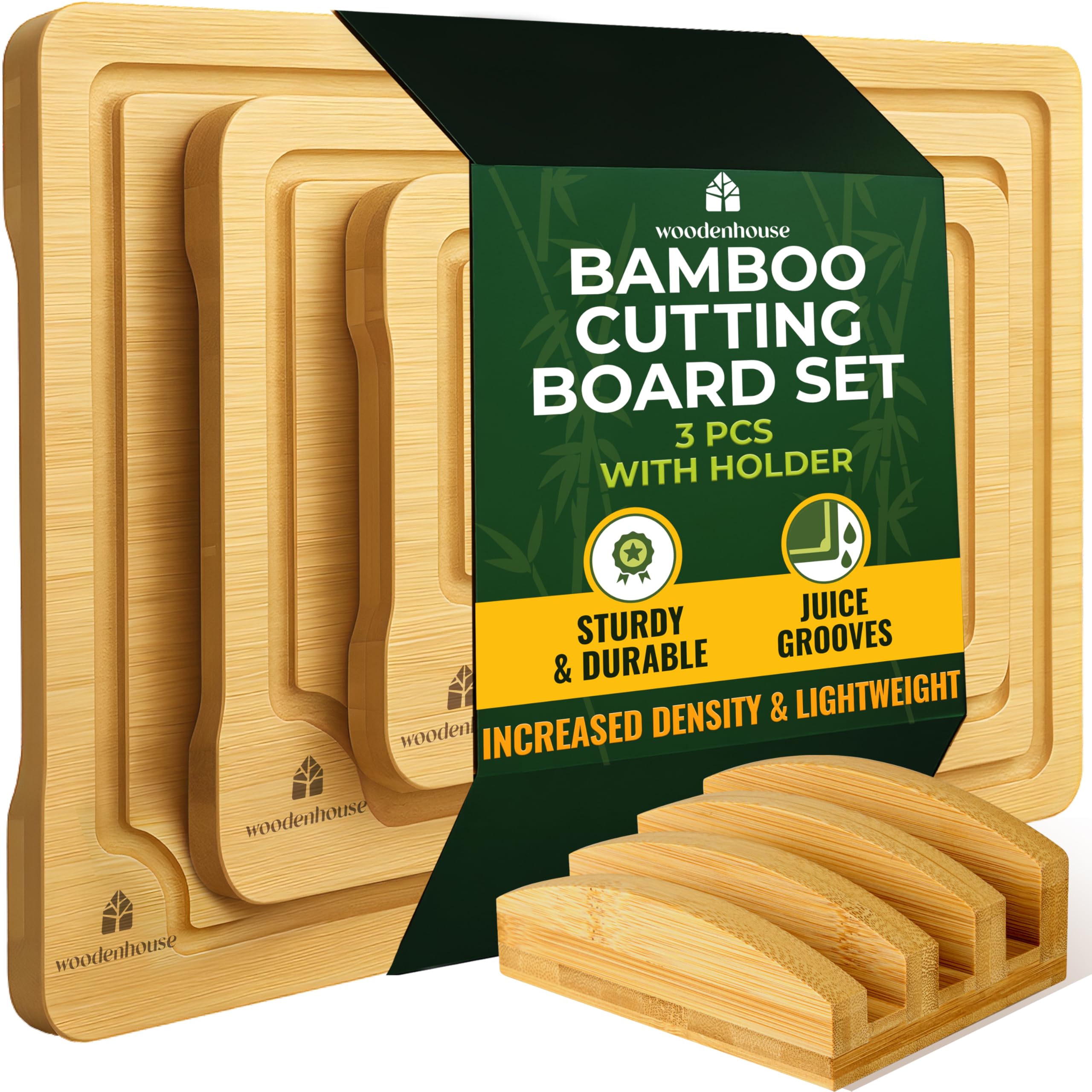 Woodenhouse front view of three bamboo cutting boards with holder showing neat storage benefit