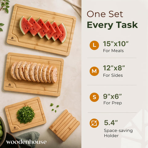 Woodenhouse cutting boards arranged in matching holder to save counter space and ventilate boards