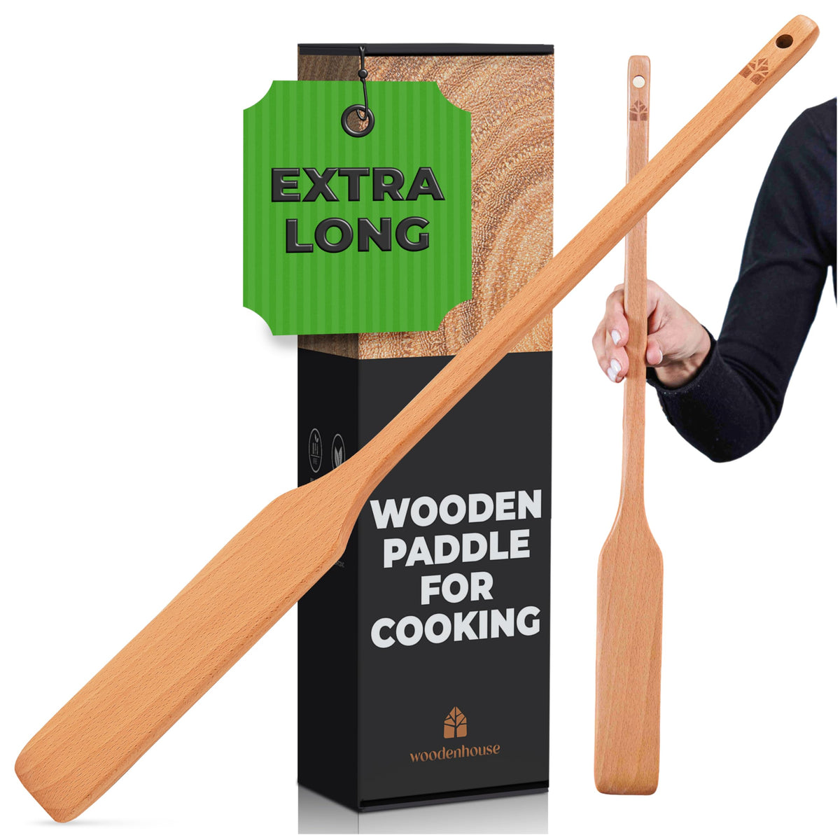 Woodenhouse front view of 24-inch beech paddle showing full length and shape, durable reach