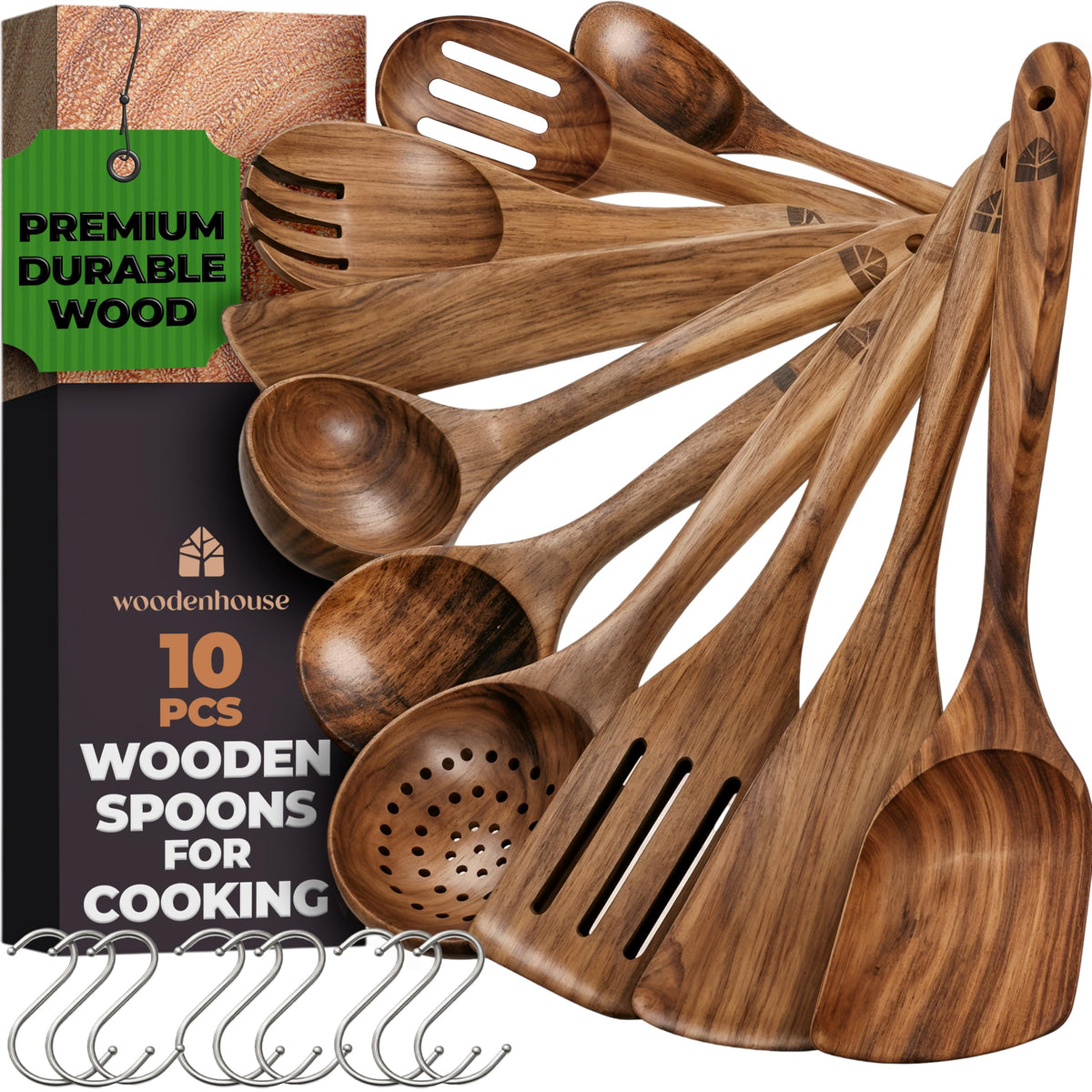 Woodenhouse front packaging showing complete 10-piece teak set and hooks benefit organization