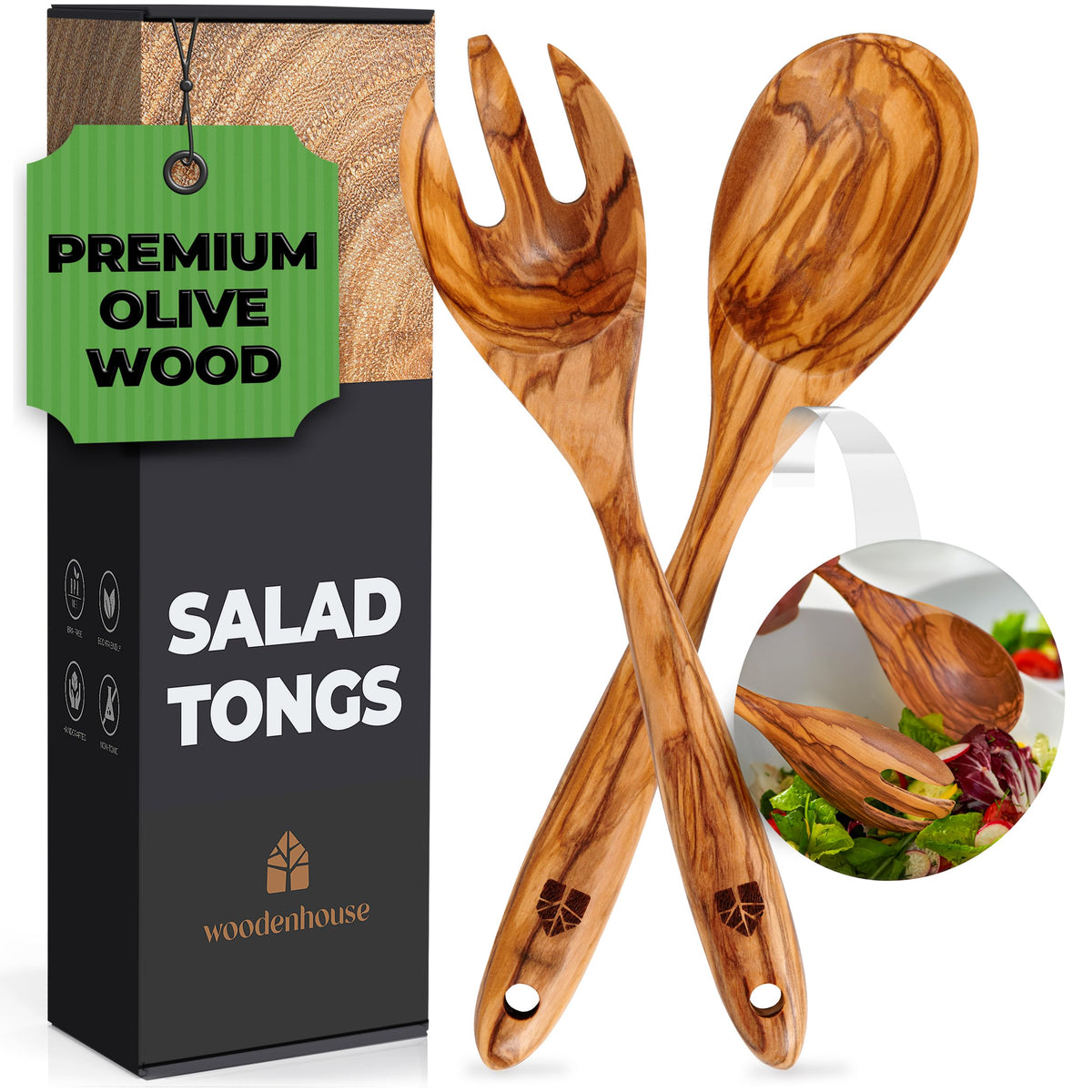 Woodenhouse front view of olive wood fork and spoon showing natural grain and shape