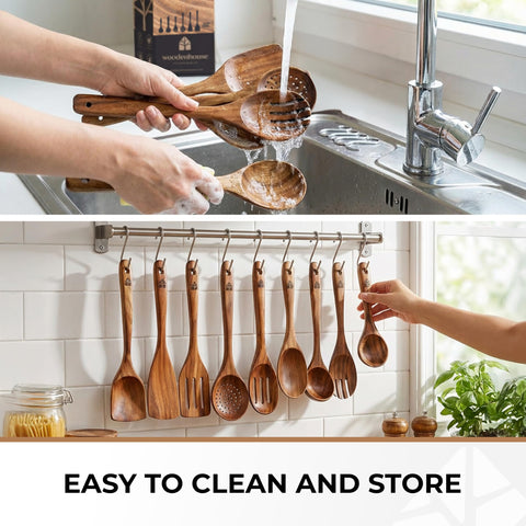 Serving spoon by Woodenhouse lifting salad to highlight smooth serving performance