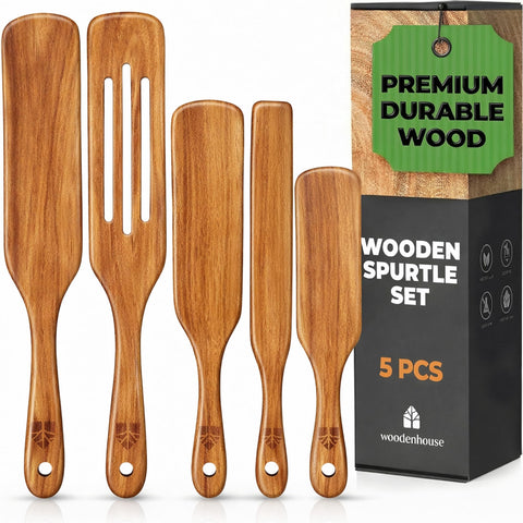 Woodenhouse teak spurtle front view showing smooth finish and angled edge benefit