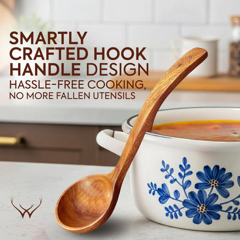 WOODLANDS USA medium ladle stirring a simmering pot, cookware-safe benefit