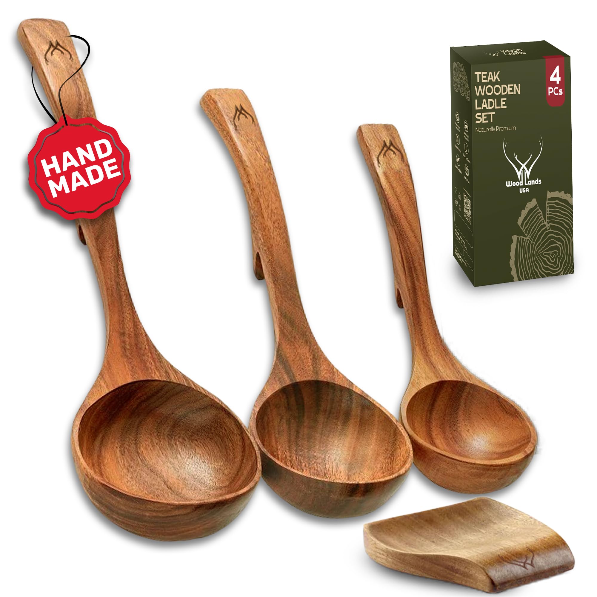 WOODLANDS USA front view of four-piece teak ladle set, durable and elegant