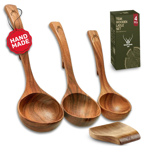 WOODLANDS USA front view of four-piece teak ladle set, durable and elegant