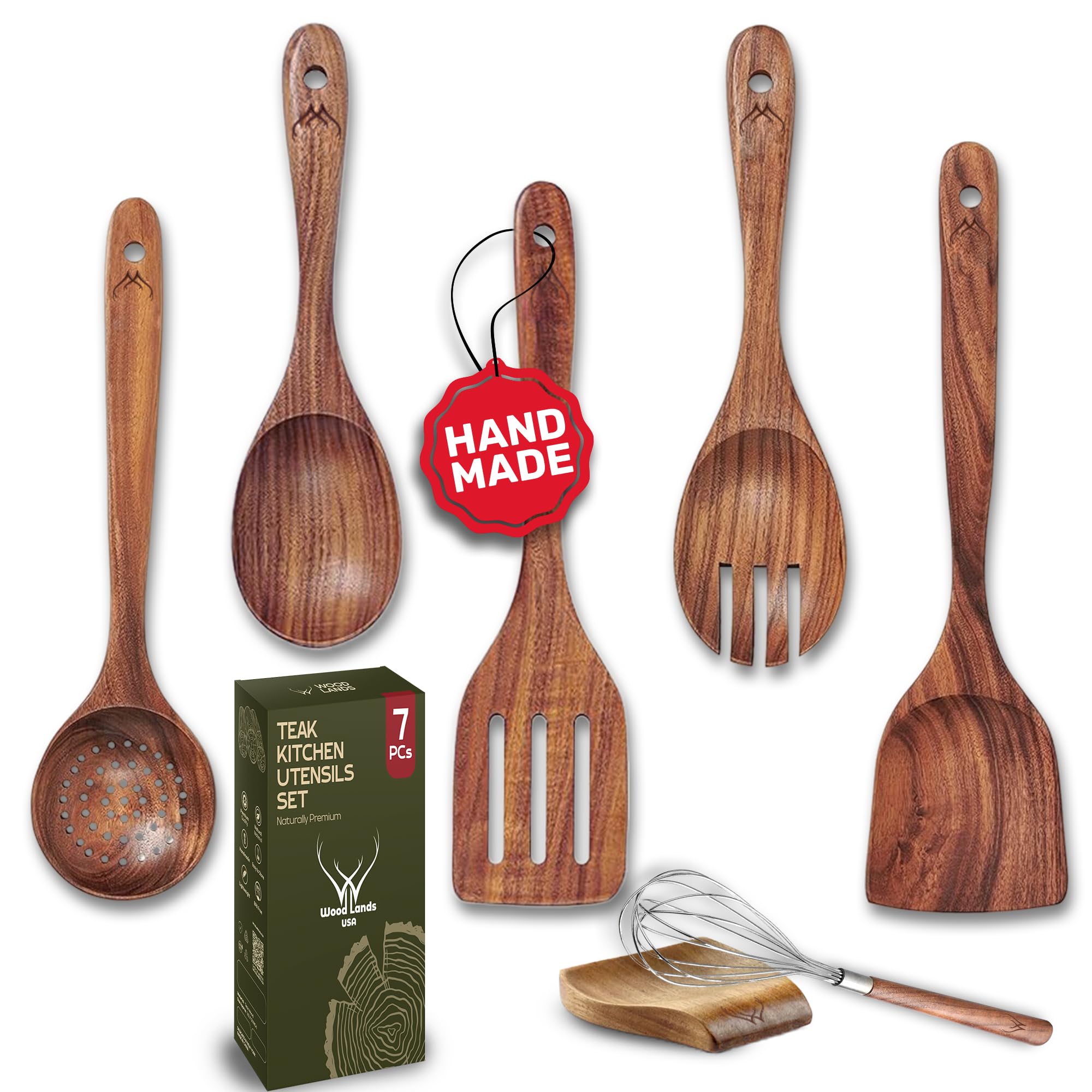 WOODLANDS USA front view of seven-piece teak utensil set showing elegant design