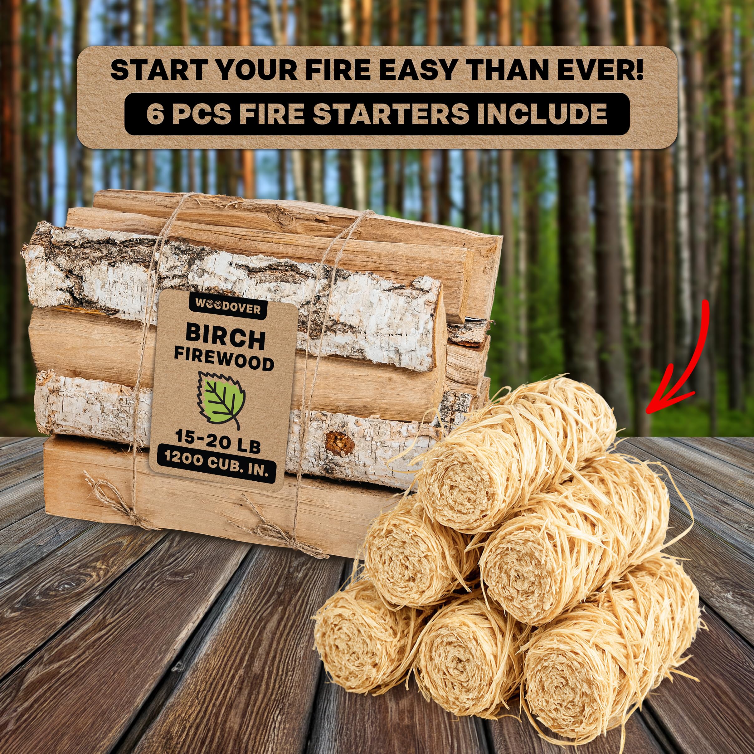 Woodover fire starters beside logs to speed ignition and convenience