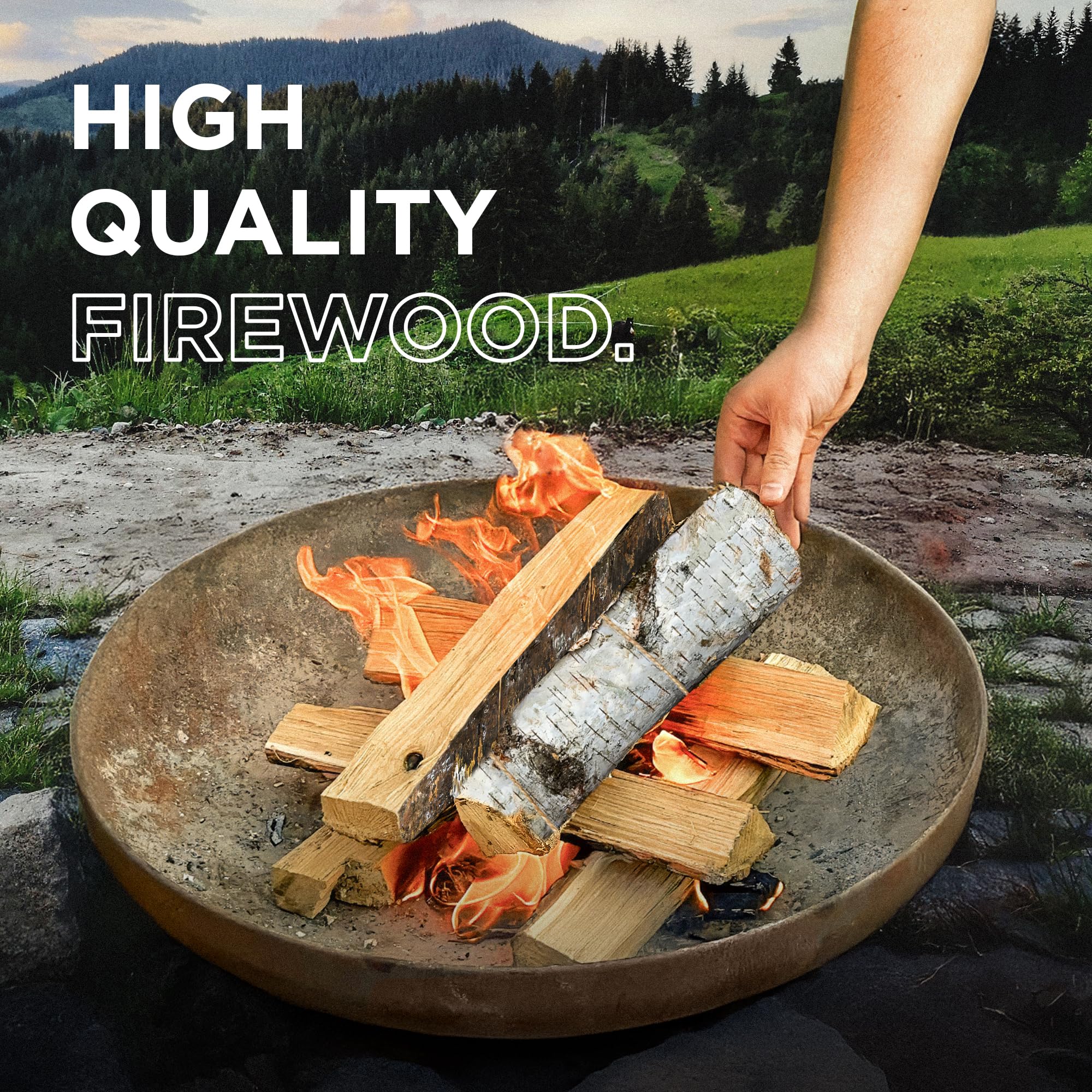 Woodover logs in backyard fire pit showing lively outdoor flames