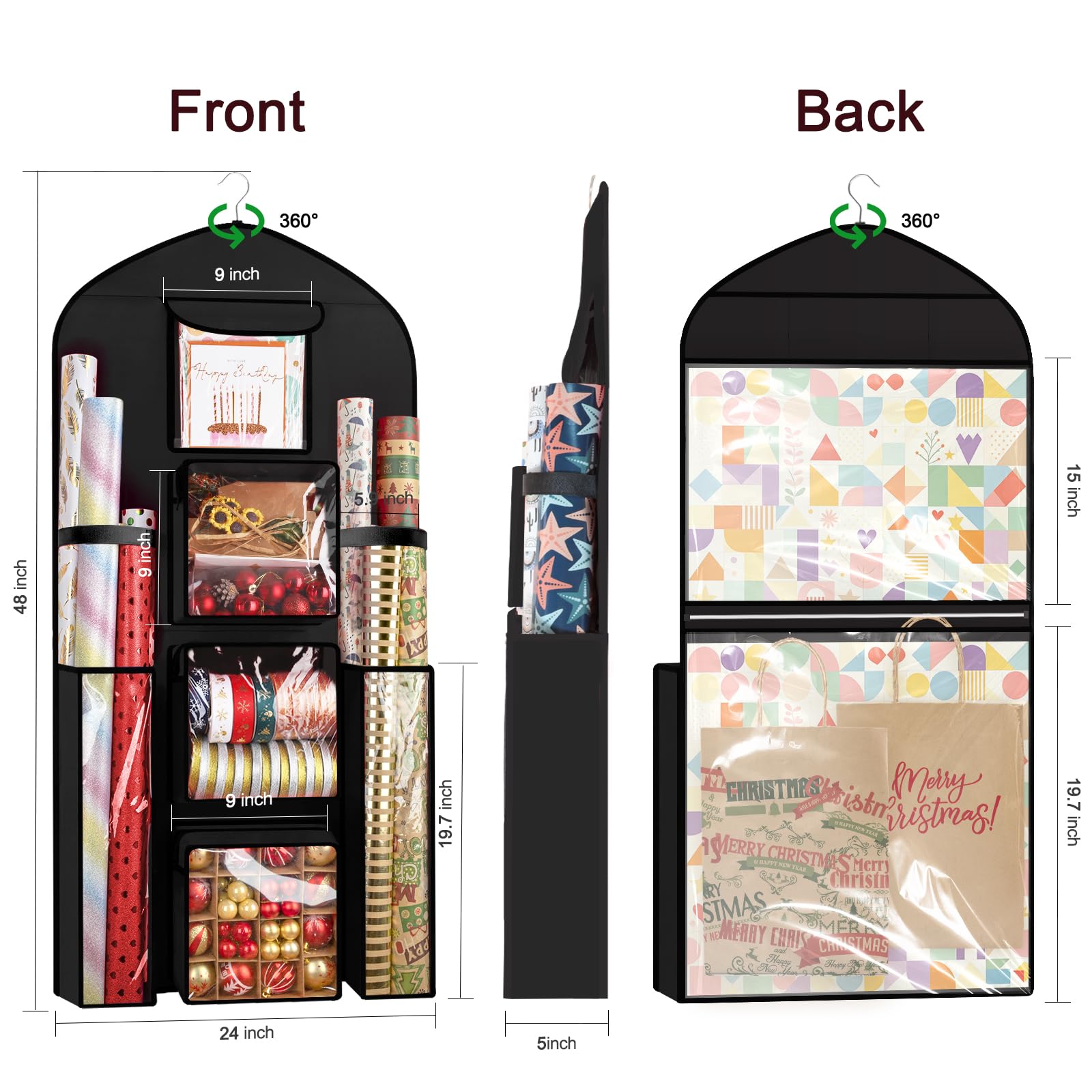 Woodoulogy side view of tall tube pockets holding multiple wrapping rolls securely