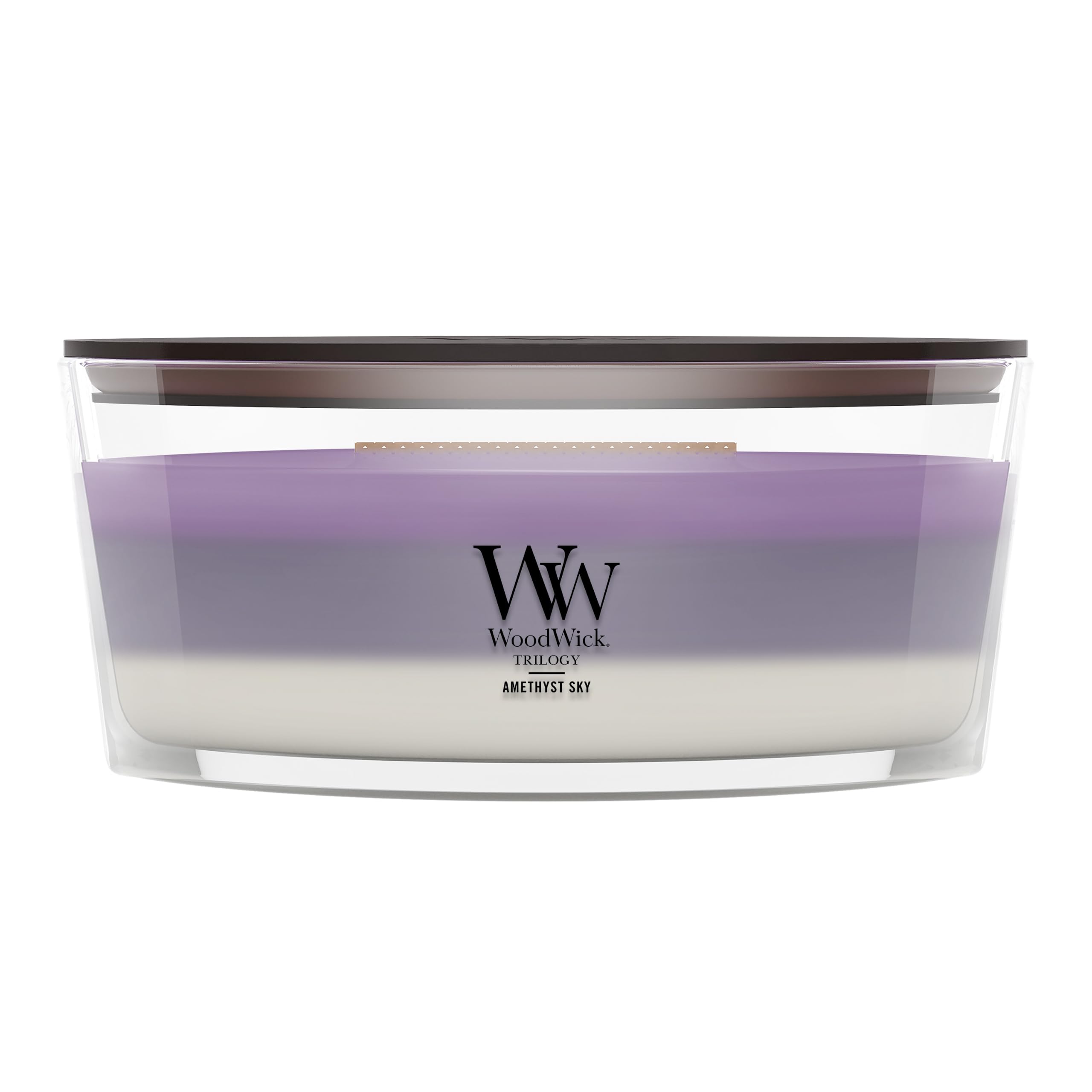 WoodWick front view of Amethyst & Amber ellipse candle showing elegant vessel and crackling wick benefit