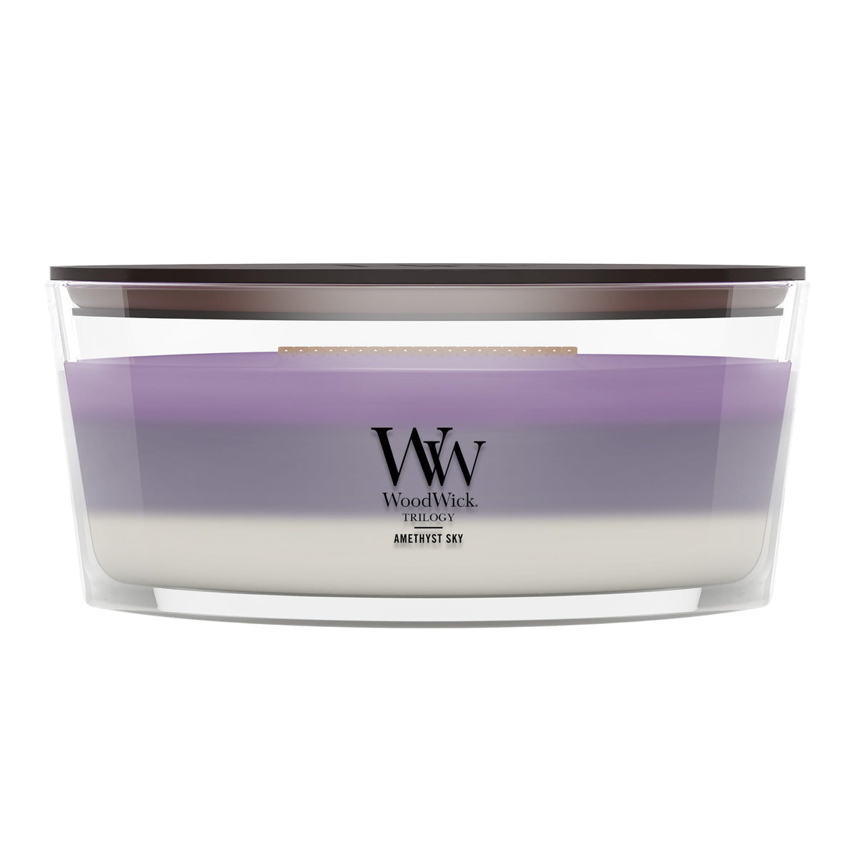 WoodWick front view of Amethyst & Amber ellipse candle showing elegant vessel and crackling wick benefit
