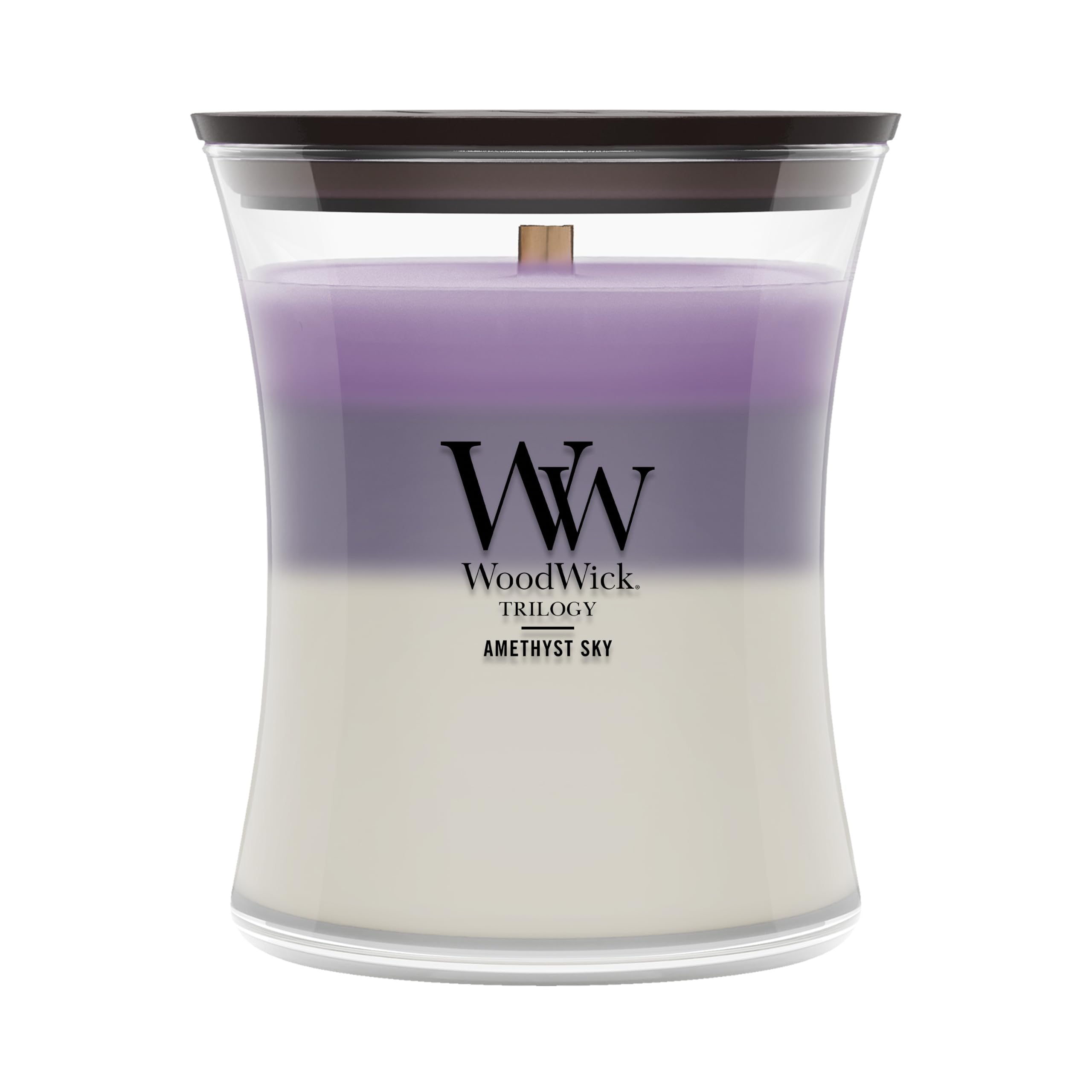 WoodWick(ウッドウィック) hourglass candle front view showing layered fragrances and design benefit