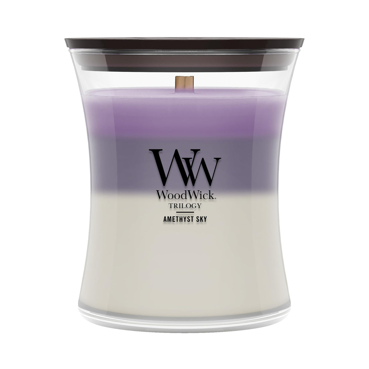 WoodWick(ウッドウィック) hourglass candle front view showing layered fragrances and design benefit