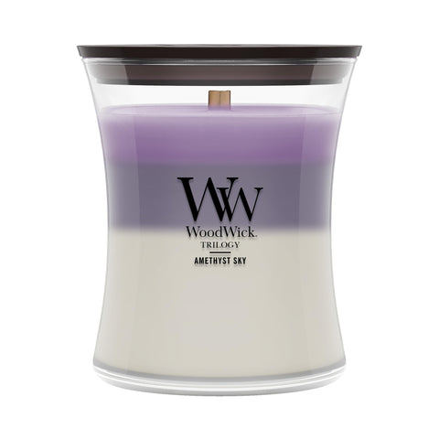 WoodWick(ウッドウィック) hourglass candle front view showing layered fragrances and design benefit