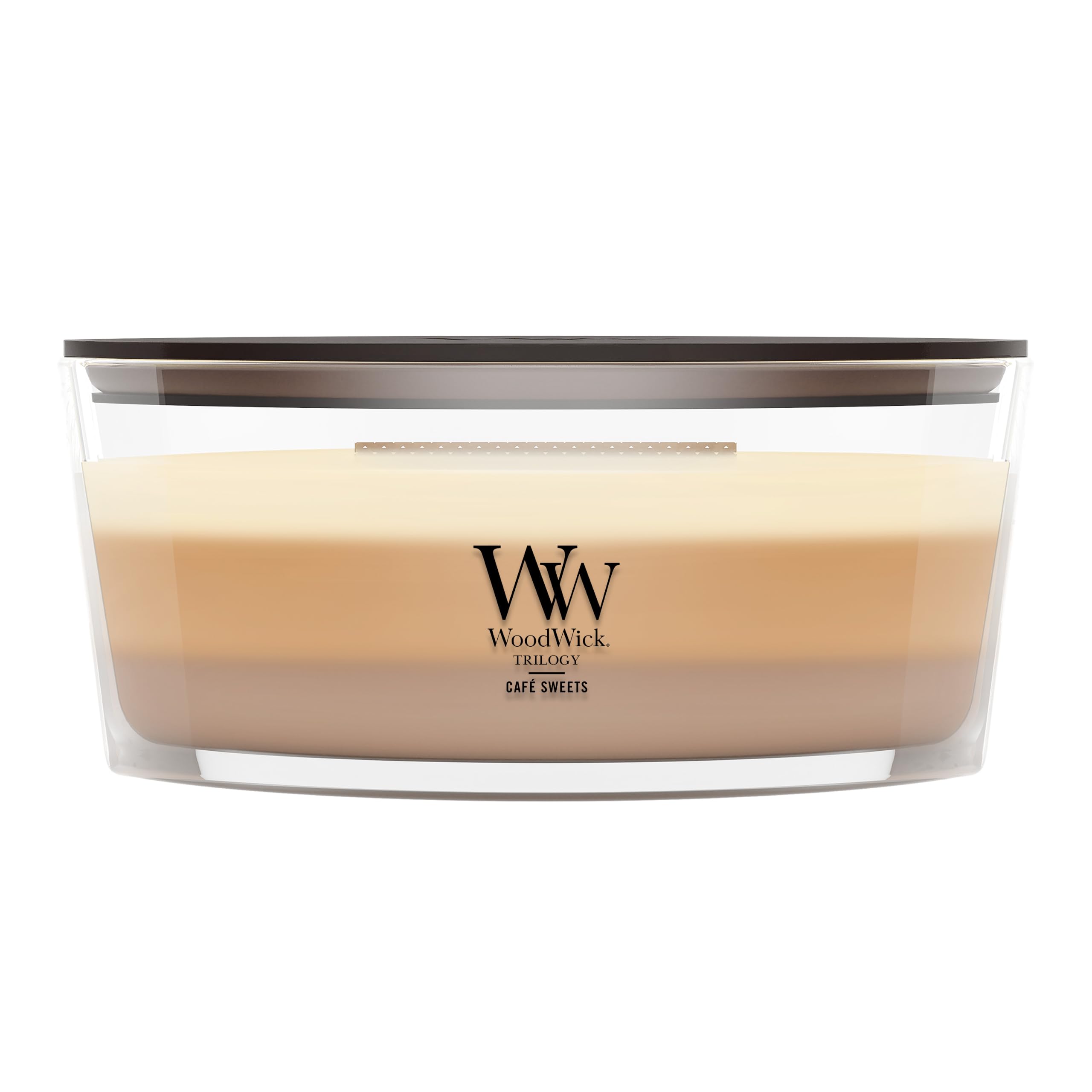 WoodWick front view showing Café Sweets candle and inviting decor benefit