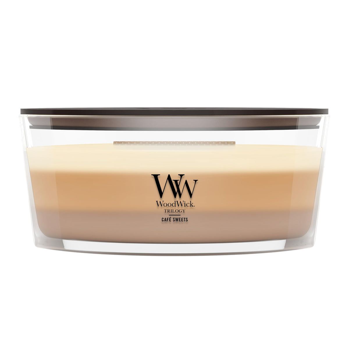 WoodWick front view showing Café Sweets candle and inviting decor benefit