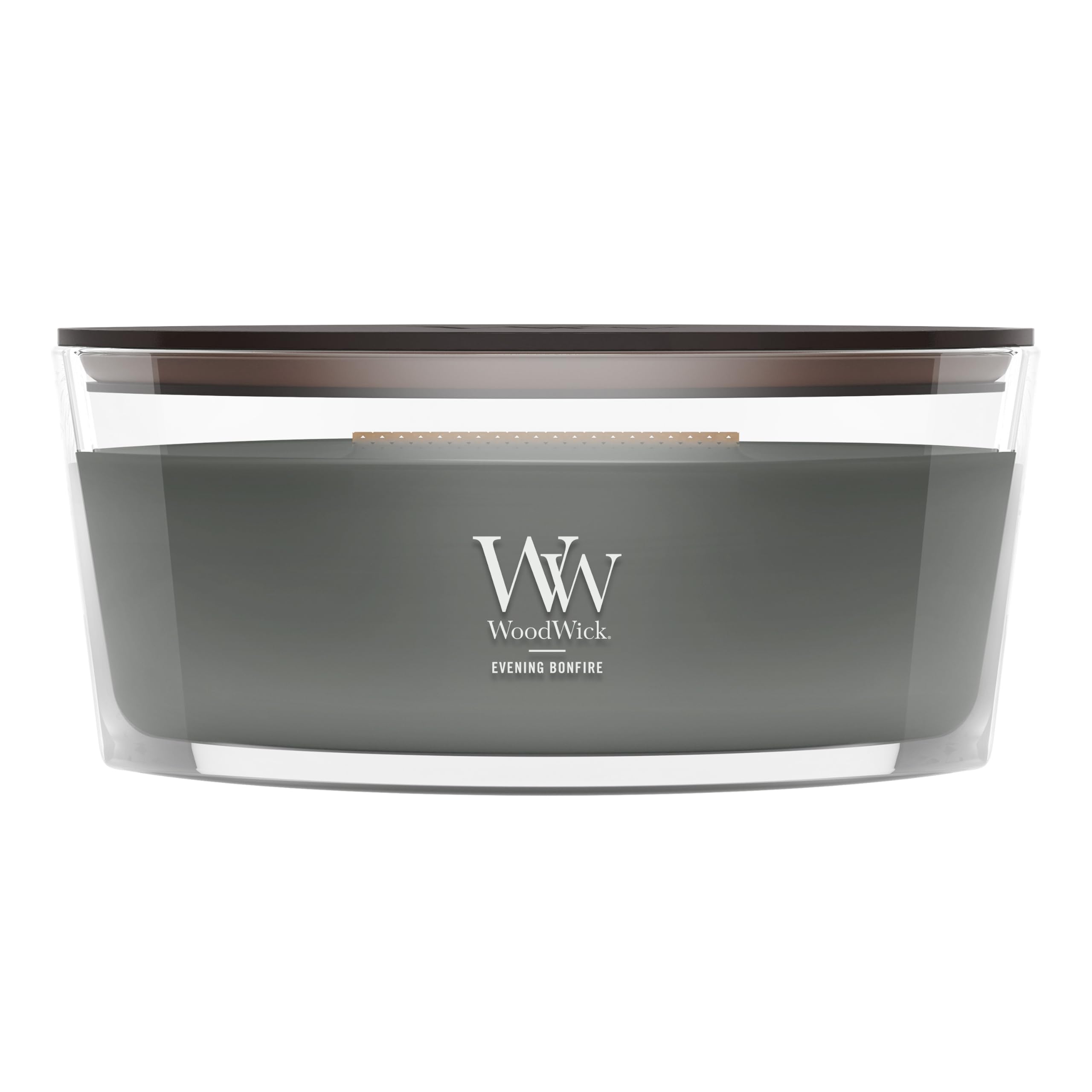 WoodWick(ウッドウィック) Evening Bonfire front view showing ellipse vessel and ambiance