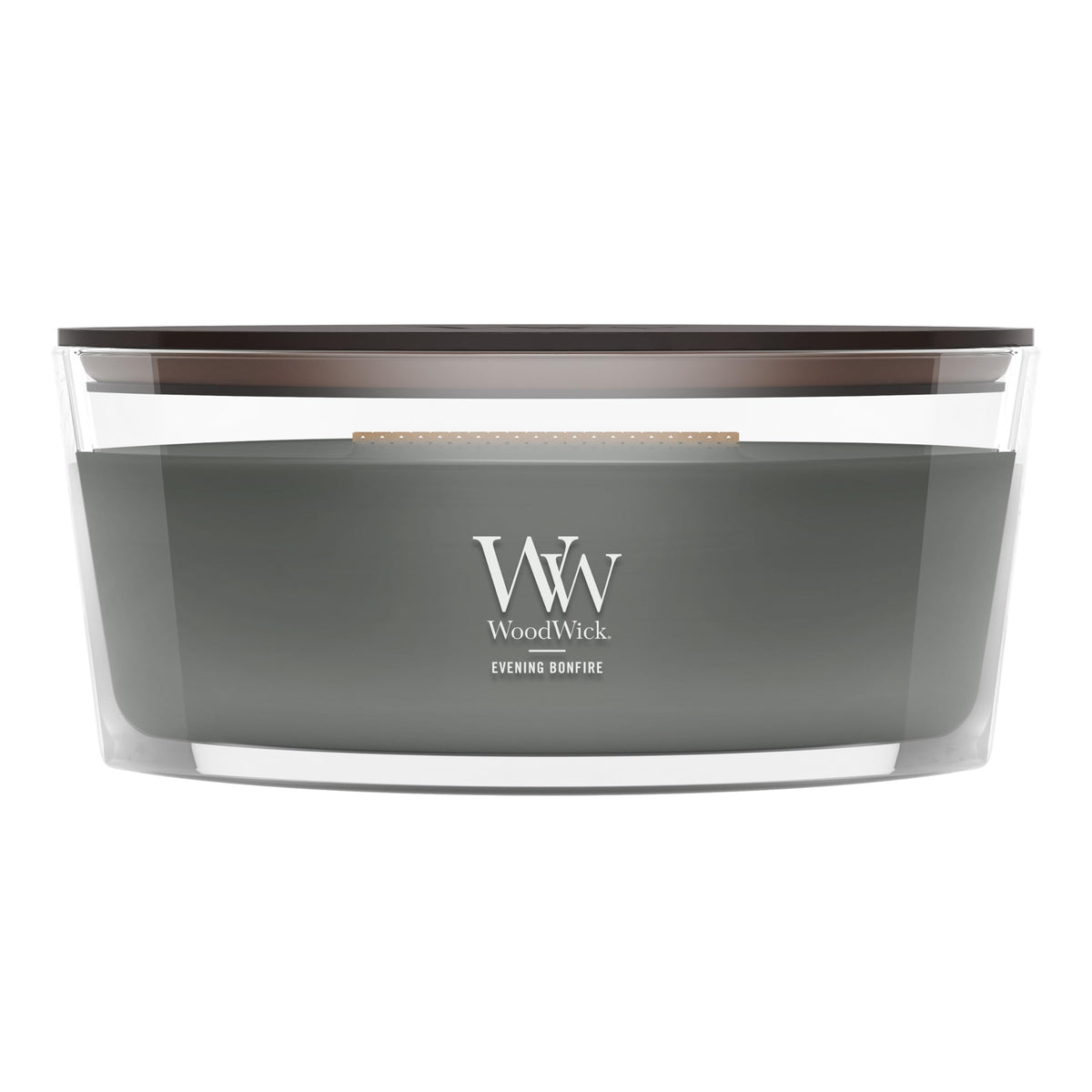 WoodWick(ウッドウィック) Evening Bonfire front view showing ellipse vessel and ambiance
