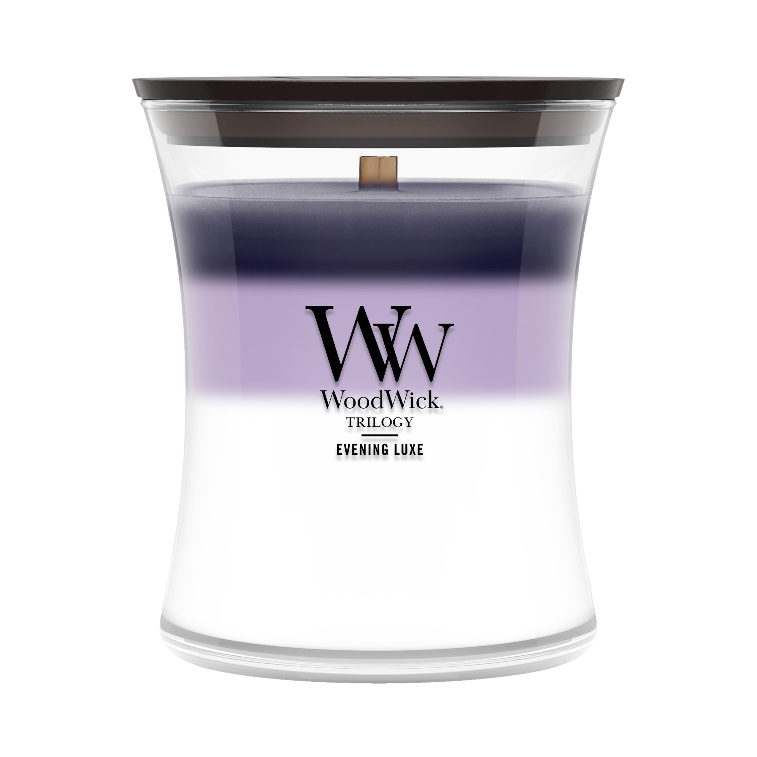 WoodWick Evening Luxe hourglass candle front view showing elegant shape and décor benefit