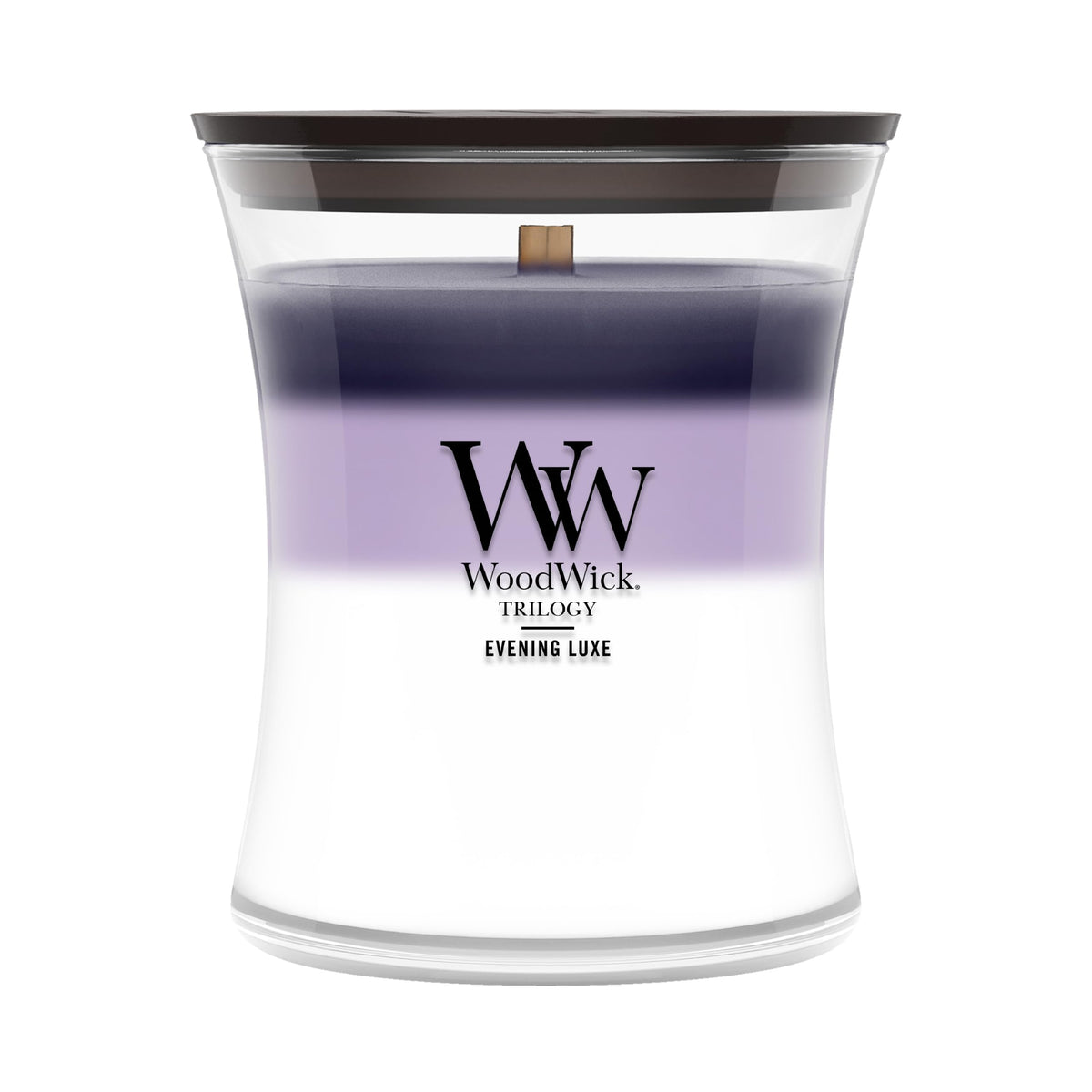WoodWick Evening Luxe hourglass candle front view showing elegant shape and décor benefit