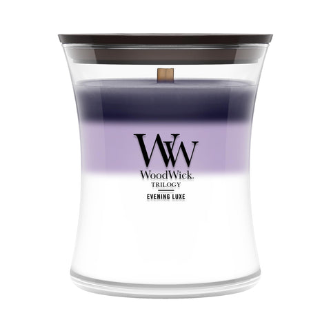 WoodWick Evening Luxe hourglass candle front view showing elegant shape and décor benefit