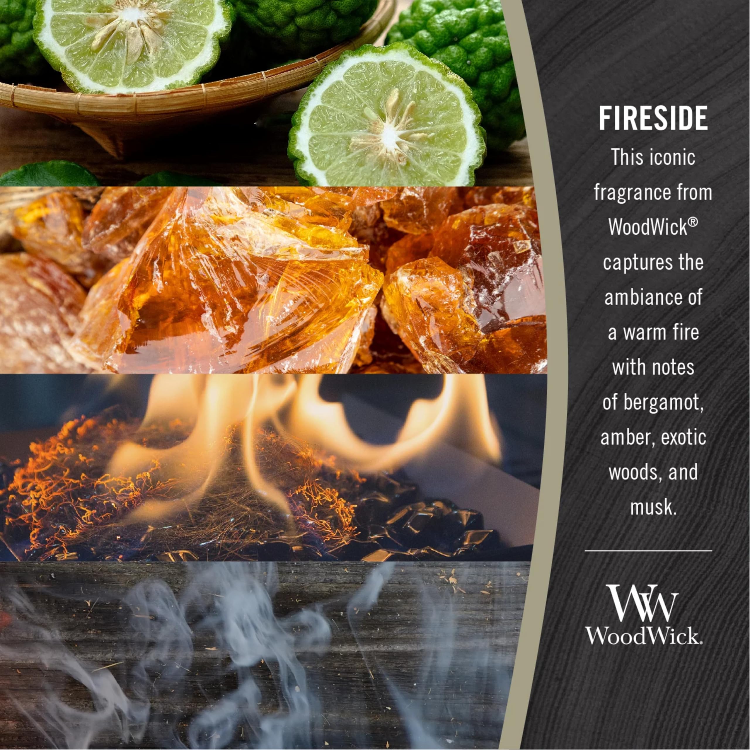WoodWick candle in living room setting providing cozy scent benefit: comforting atmosphere