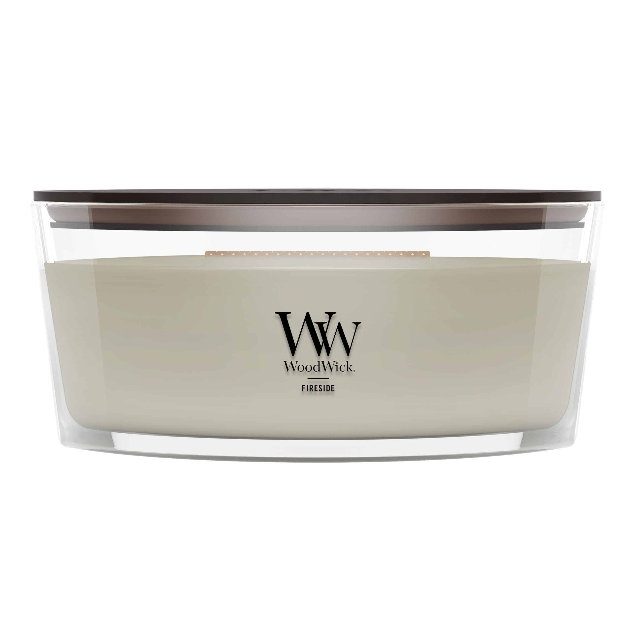 WoodWick Fireside Holiday front view showing ellipse jar and warm scent appeal