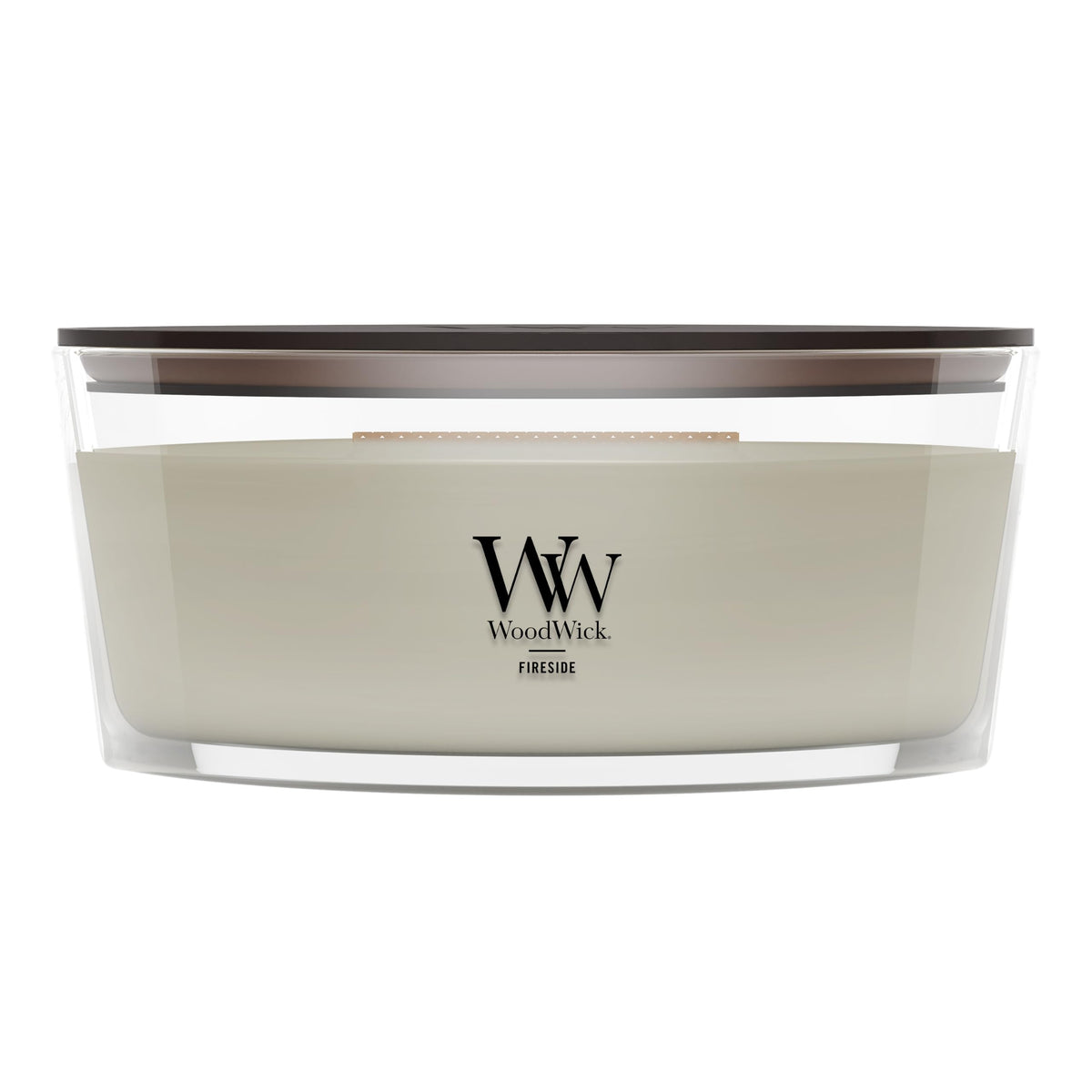 WoodWick Fireside Holiday front view showing ellipse jar and warm scent appeal