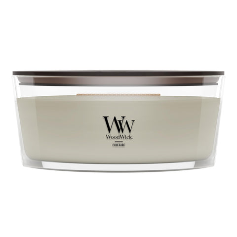 WoodWick Fireside Holiday front view showing ellipse jar and warm scent appeal
