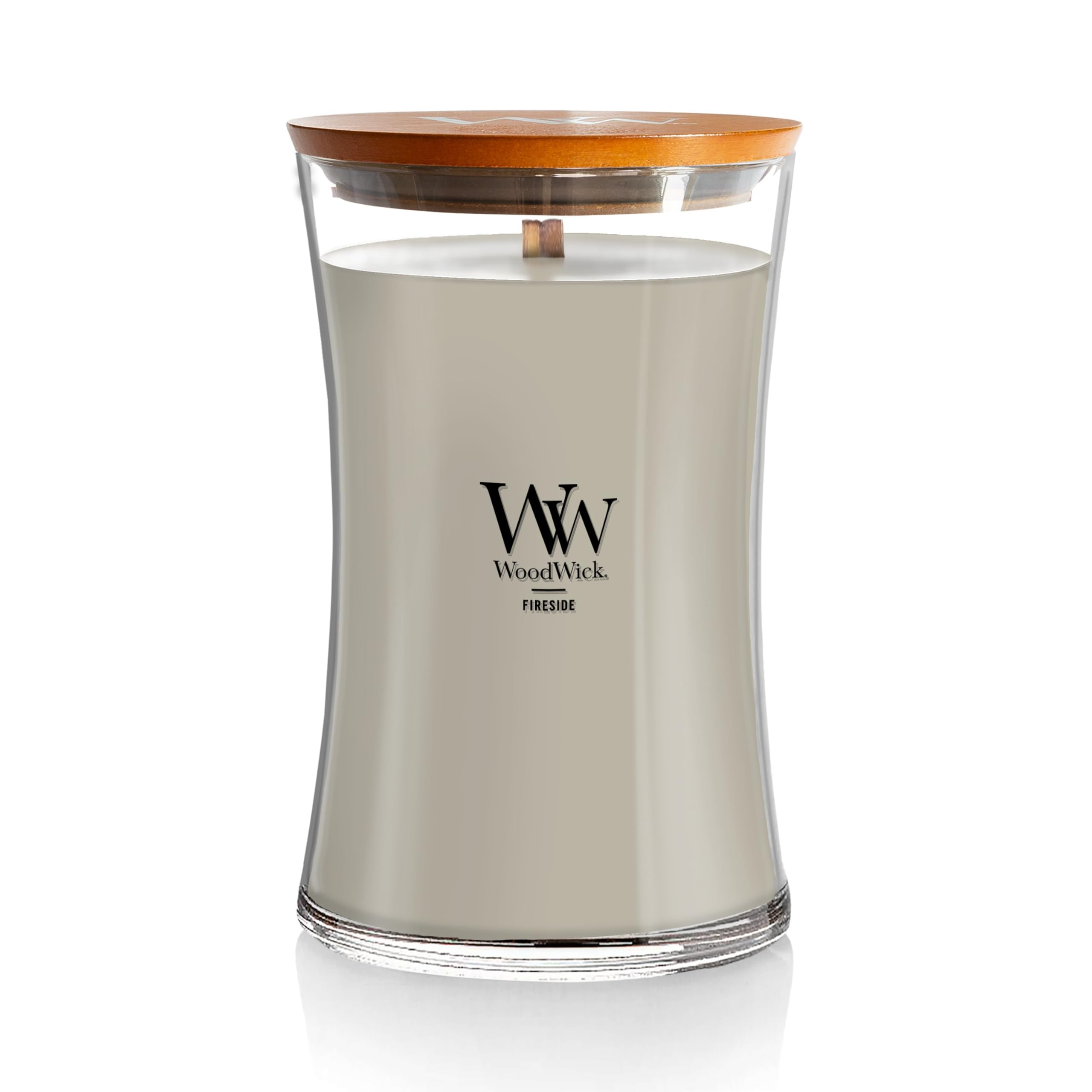 WoodWick hourglass front view showing elegant jar and warm glow benefit: stylish decor