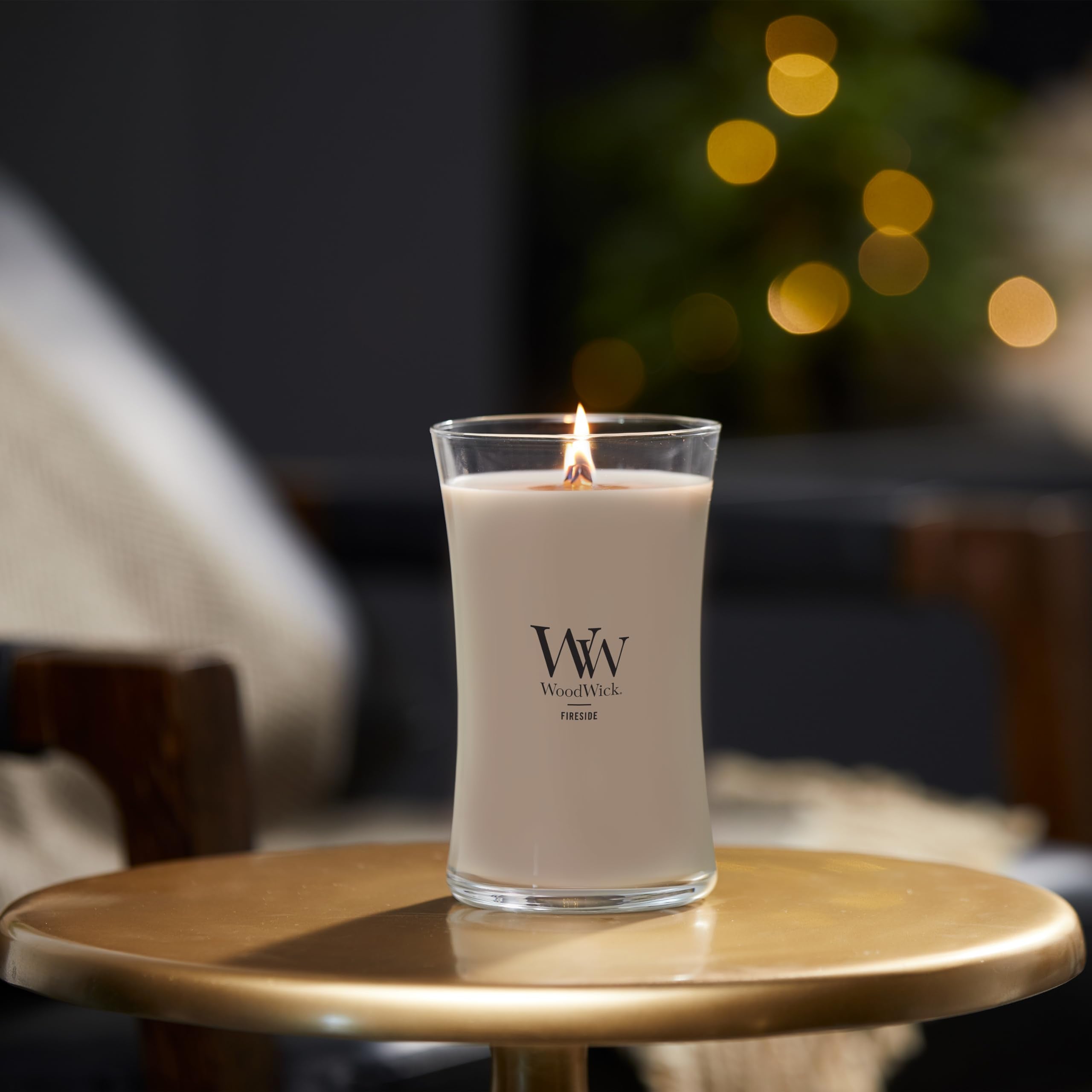 WoodWick label and ingredients close-up showing Fireside fragrance benefit: sophisticated scent