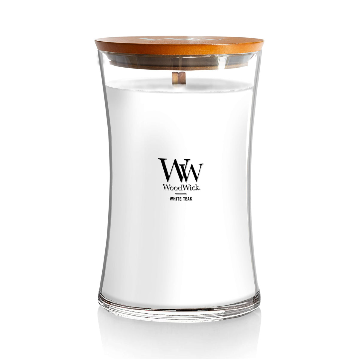 WoodWick hourglass candle front view showing elegant jar and wooden lid benefit: stylish decor