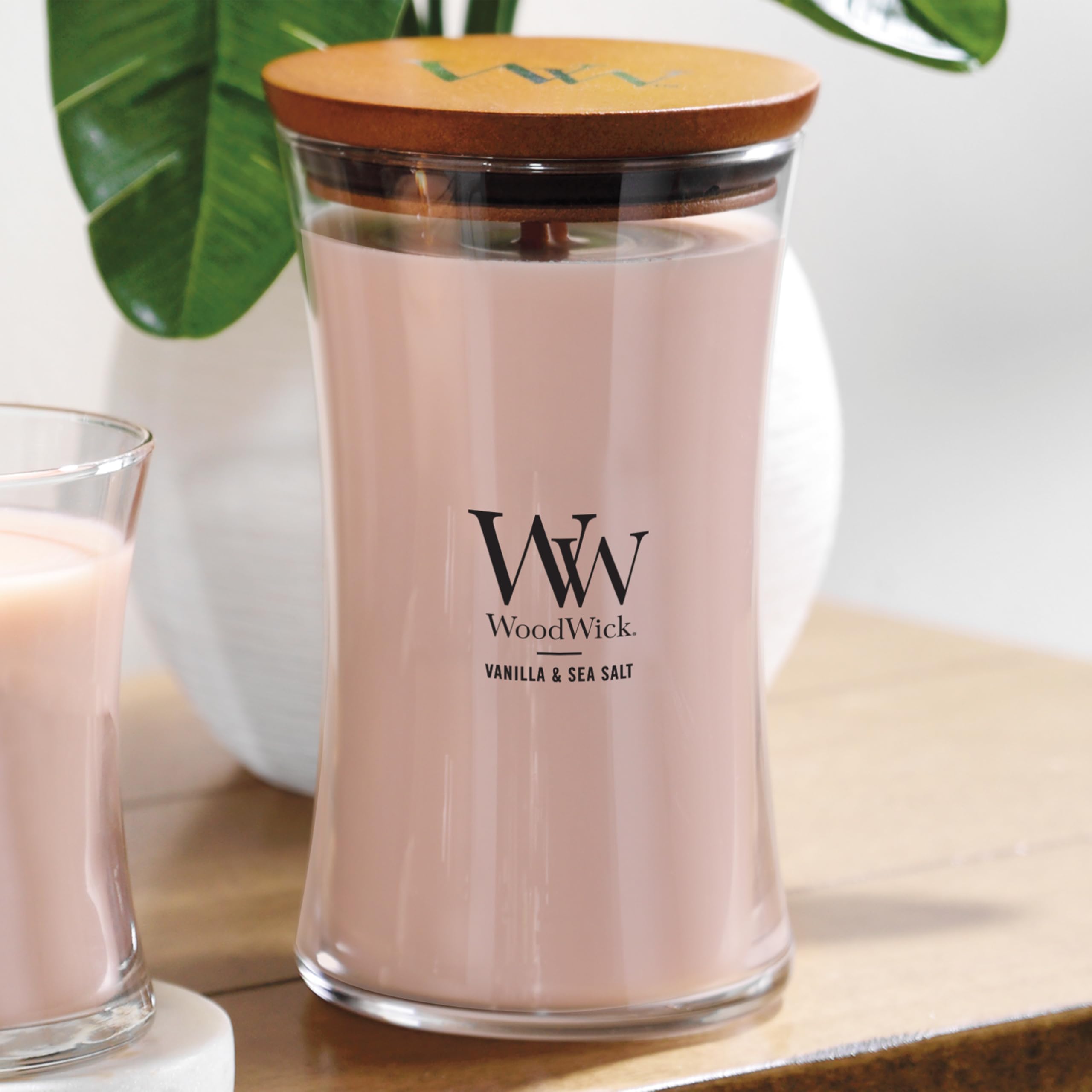 WoodWick hourglass side styling on shelf adding decorative appeal benefit