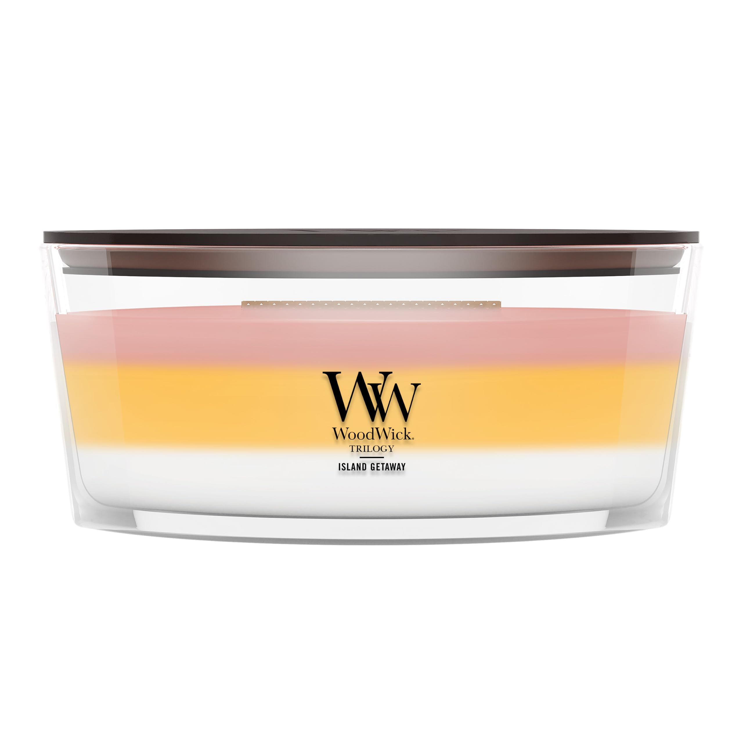 WoodWick(ウッドウィック) front view of Island Getaway trilogy candle showing packaging and benefits