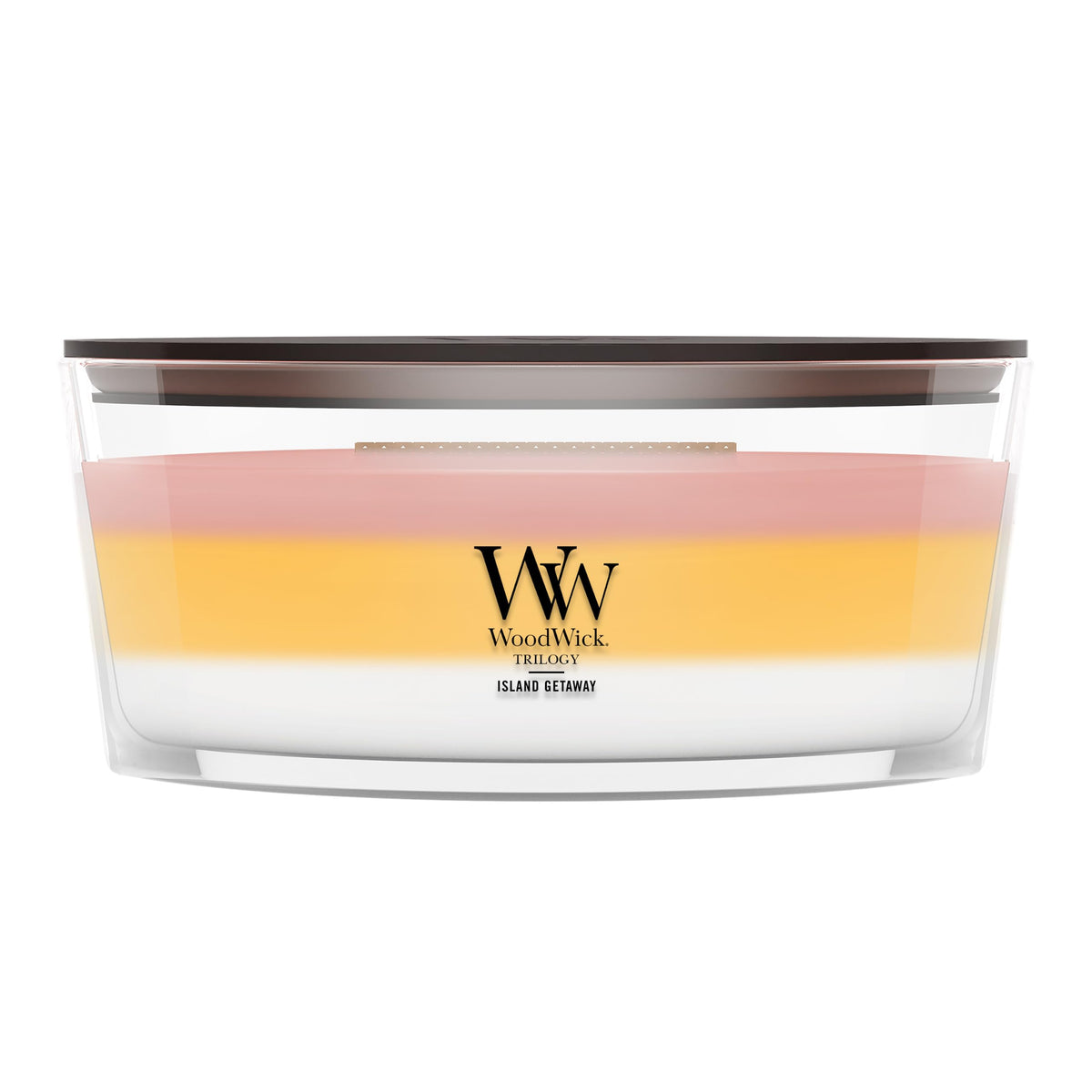 WoodWick(ウッドウィック) front view of Island Getaway trilogy candle showing packaging and benefits