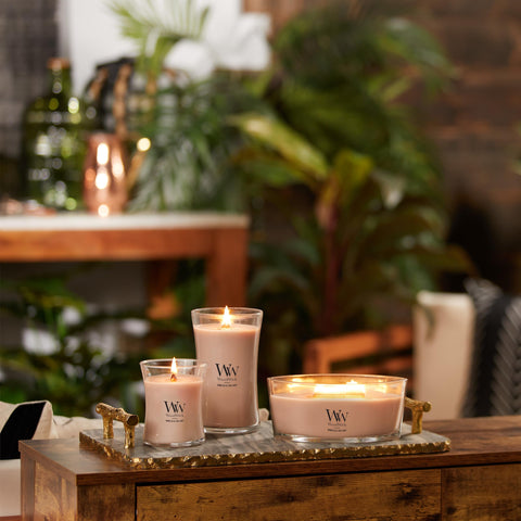 WoodWick label and ingredients close-up showing crafted quality benefit