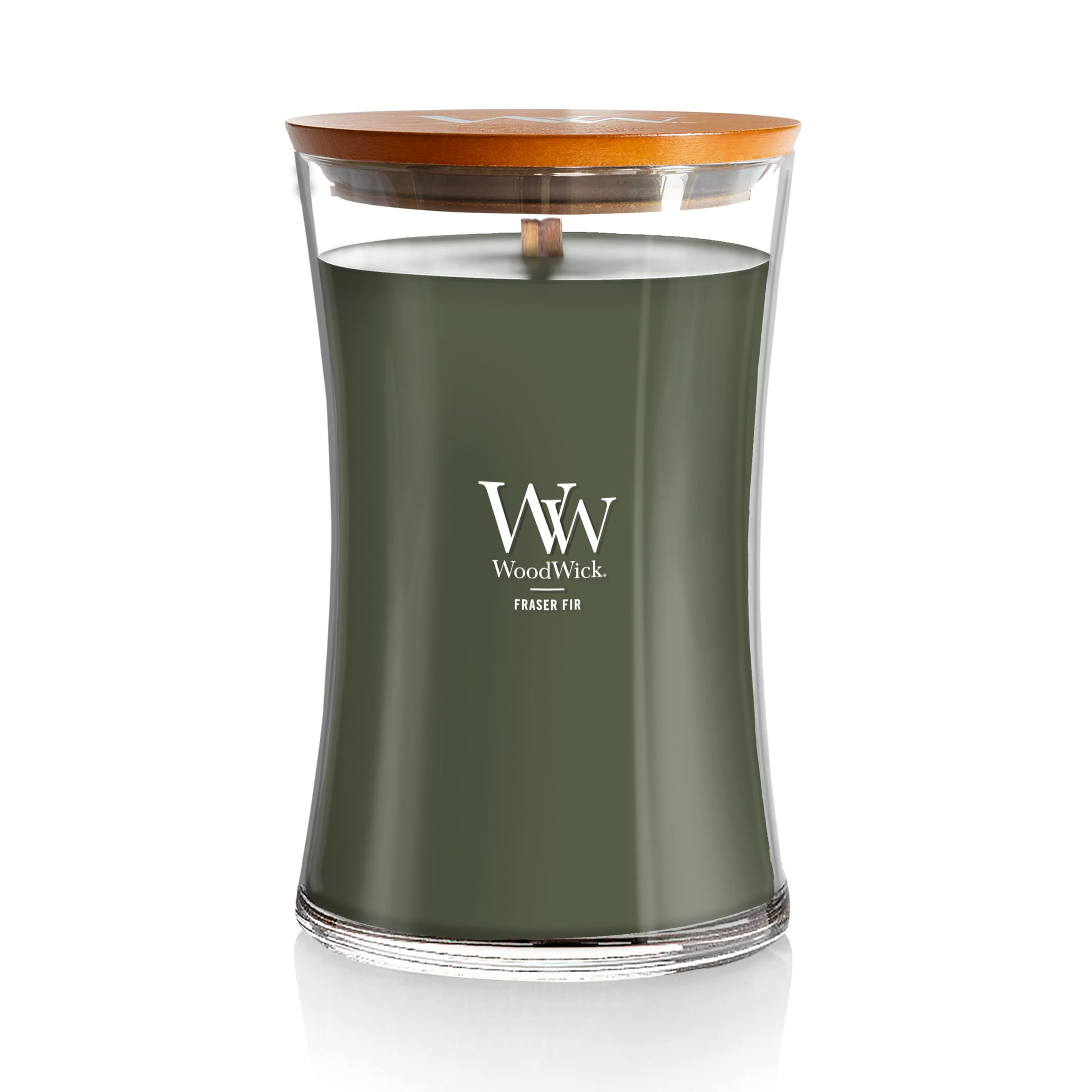 WoodWick front view showing hourglass jar and Fraser Fir scent, inviting ambiance