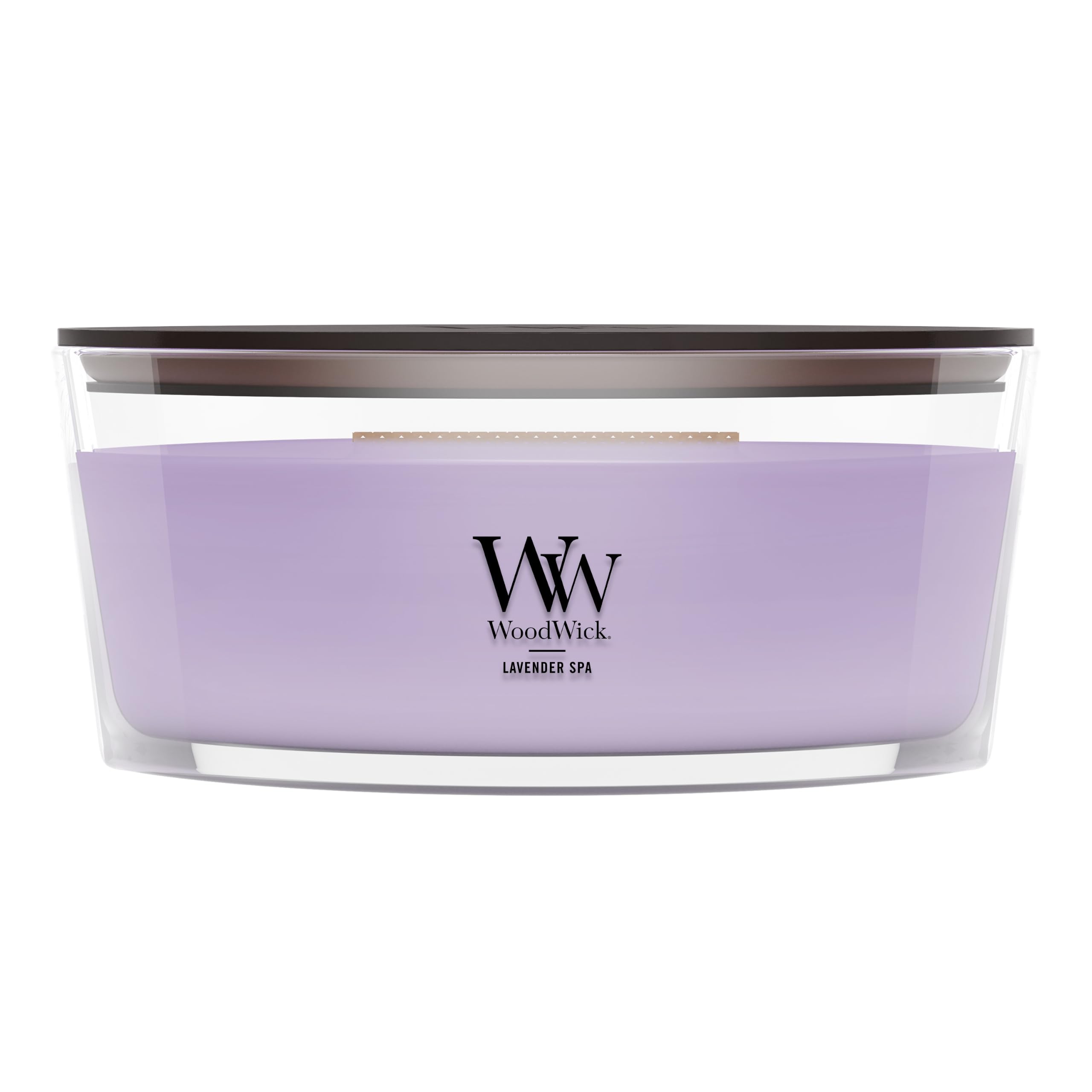 WoodWick Lavender Spa front view showing elegant ellipse jar and calming scent