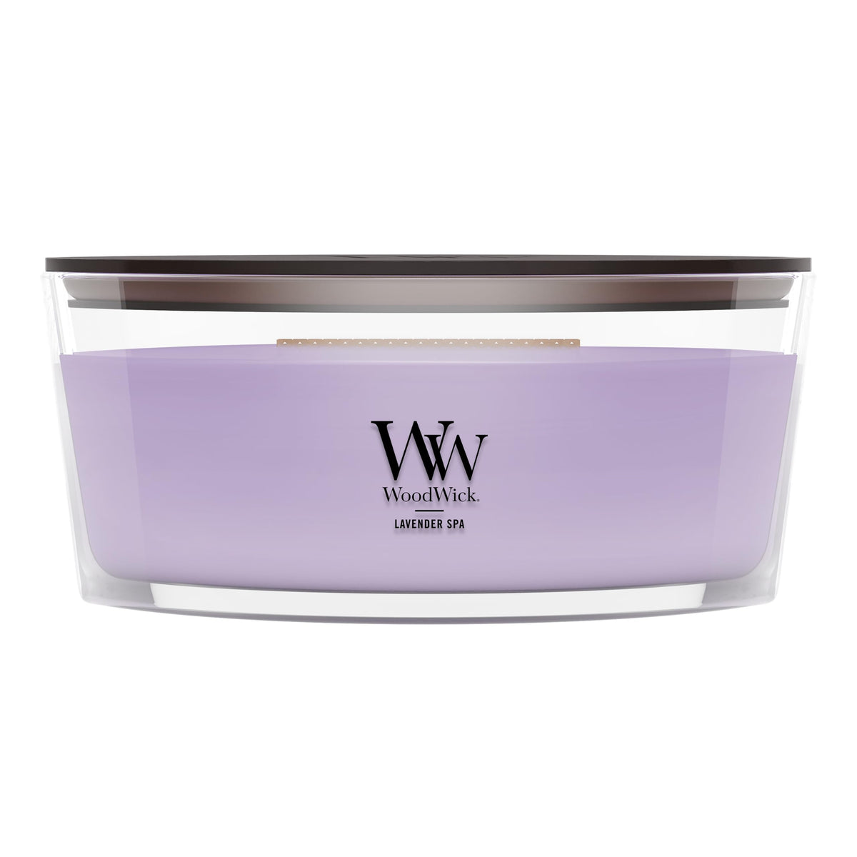 WoodWick Lavender Spa front view showing elegant ellipse jar and calming scent