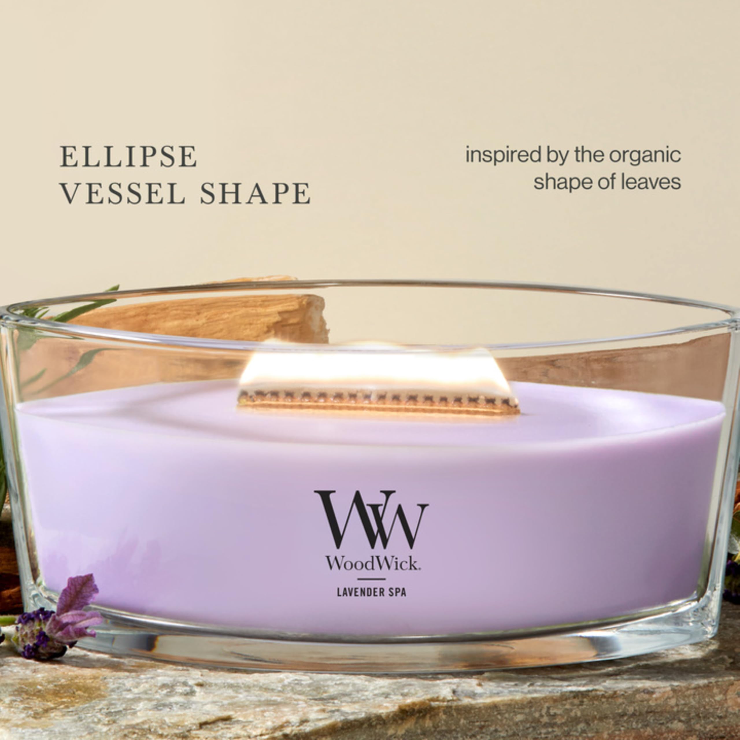 WoodWick label with fragrance notes of lavender, eucalyptus, rosemary, cedar