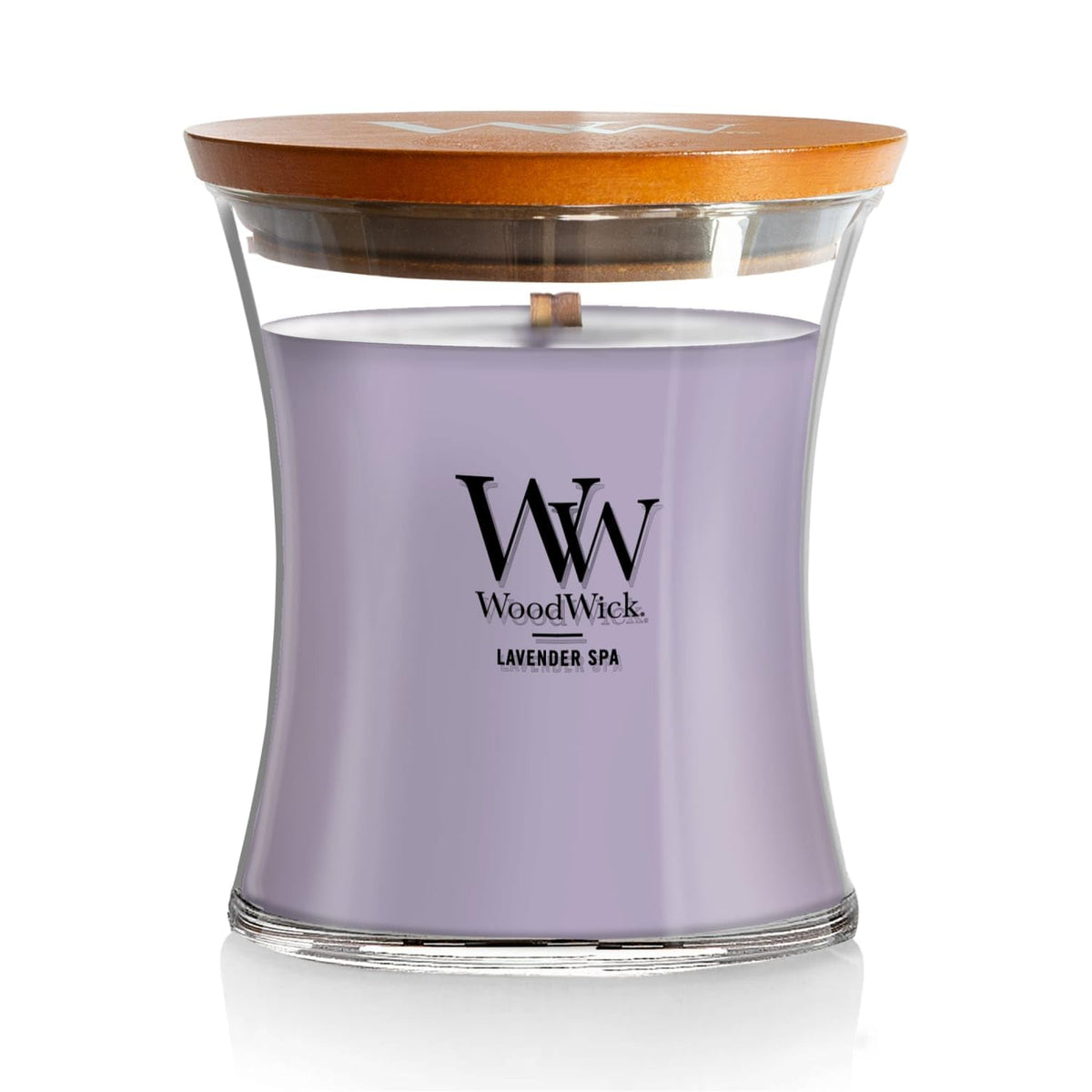 WoodWick lavender spa hourglass front view showing decorative jar and lavender scent benefit