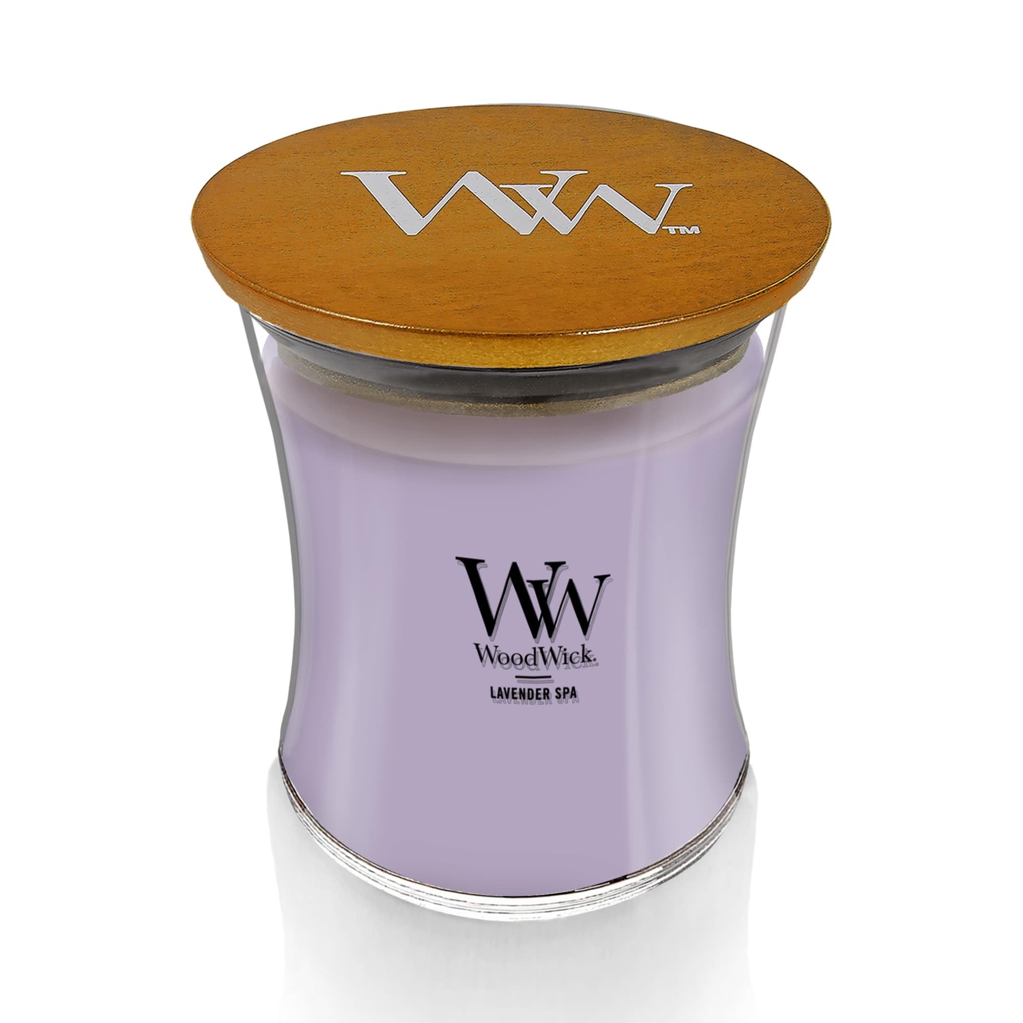 WoodWick hourglass jar angled label highlighting fragrance and elegant presentation benefit