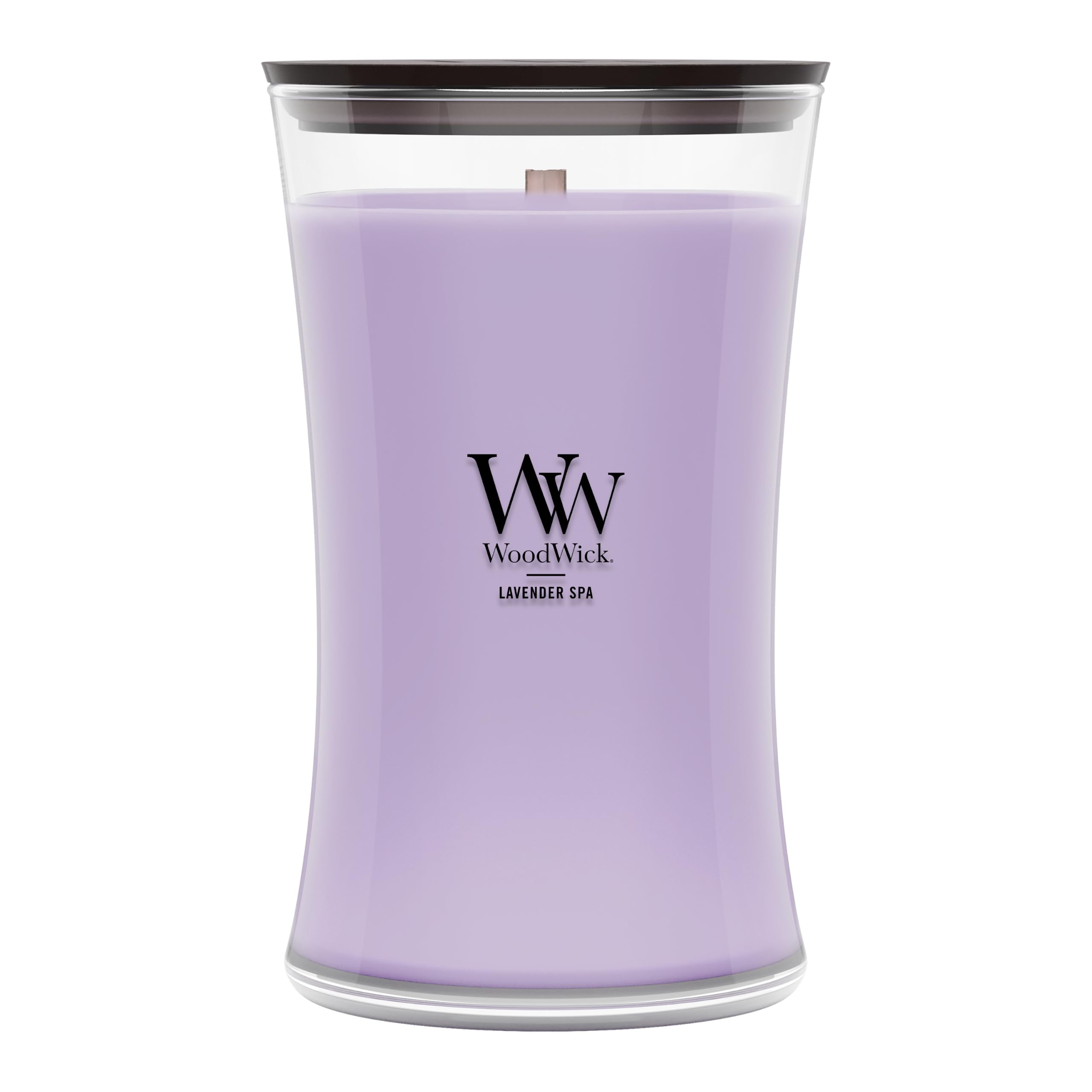 WoodWick(ウッドウィック) front jar view showing calming lavender scent and decorative hourglass
